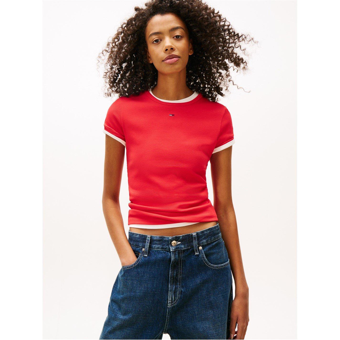Tommy Jeans Women's Short Sleeve Logo Ribbed T-Shirt - Red Alert - 10 (S)