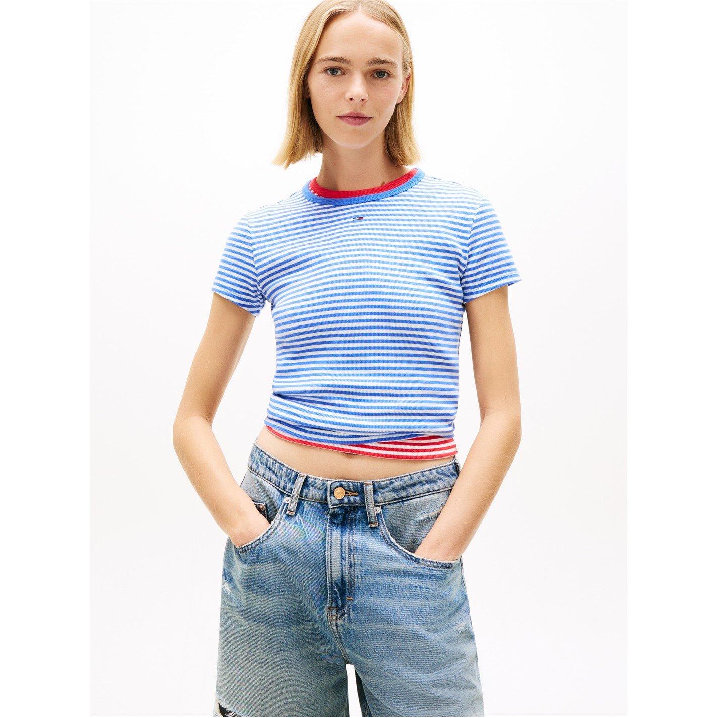Tommy Jeans Women's Short Sleeve Logo Ribbed T-Shirt - Emp Blue/St - 10 (S)