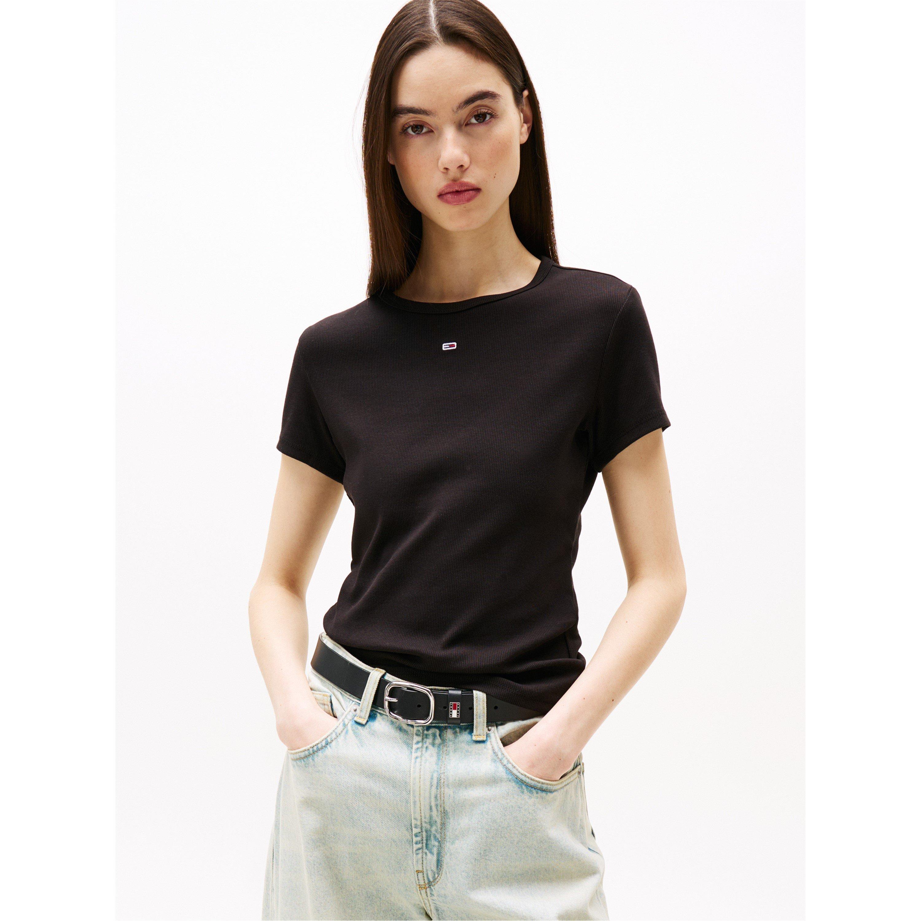 Tommy Jeans Women's Short Sleeve Logo Ribbed T-Shirt - Black - 10 (S)