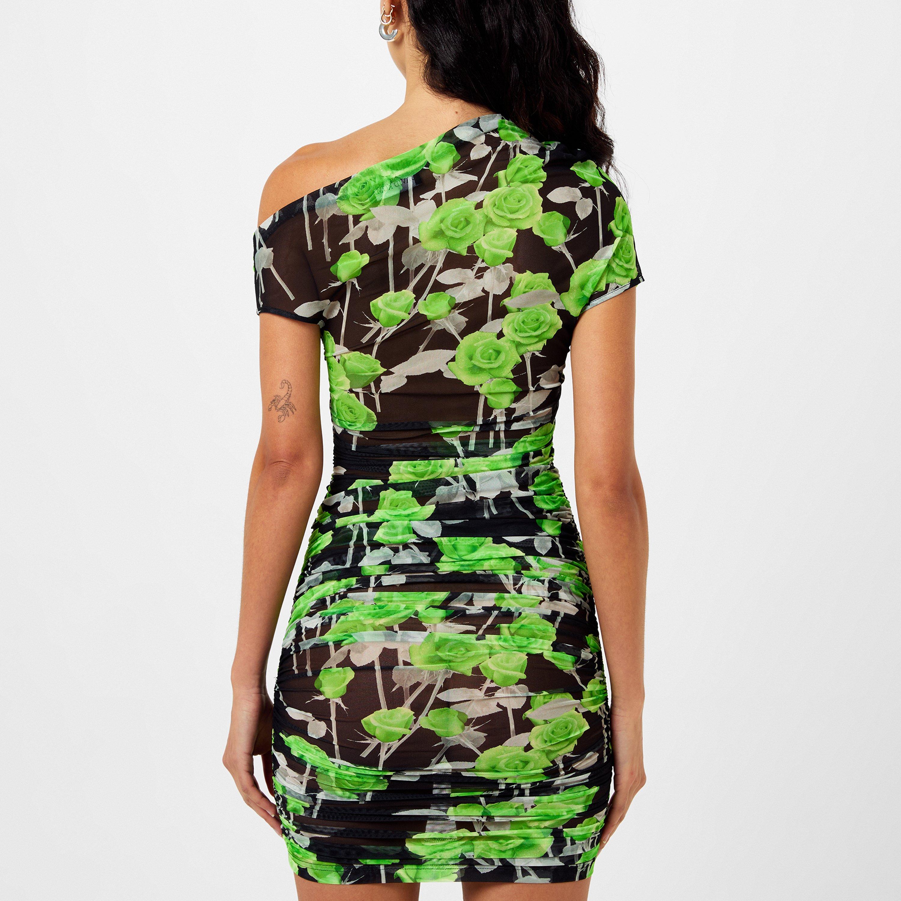Green Black - David Koma - Rose Print Asymmetric Mini Dress - 3