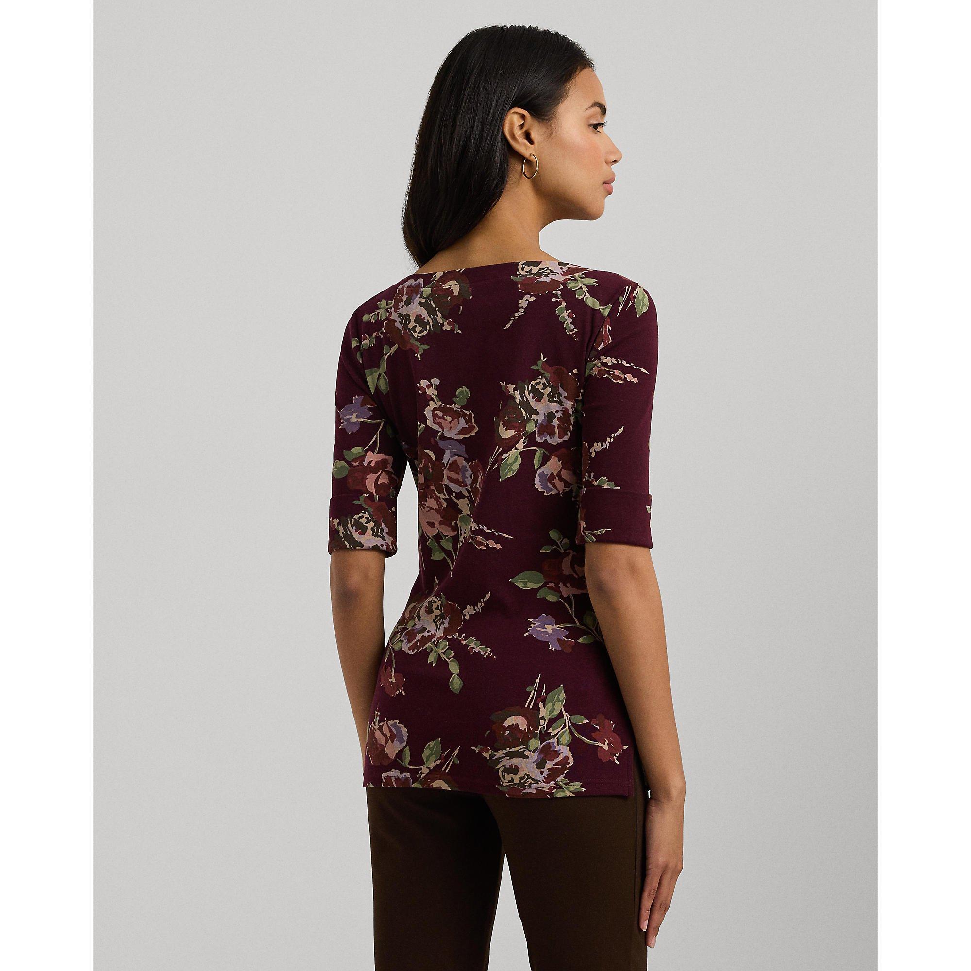 Burgundy Multi - Lauren by Ralph Lauren - Floral Stretch Boatneck T-Shirt - 3