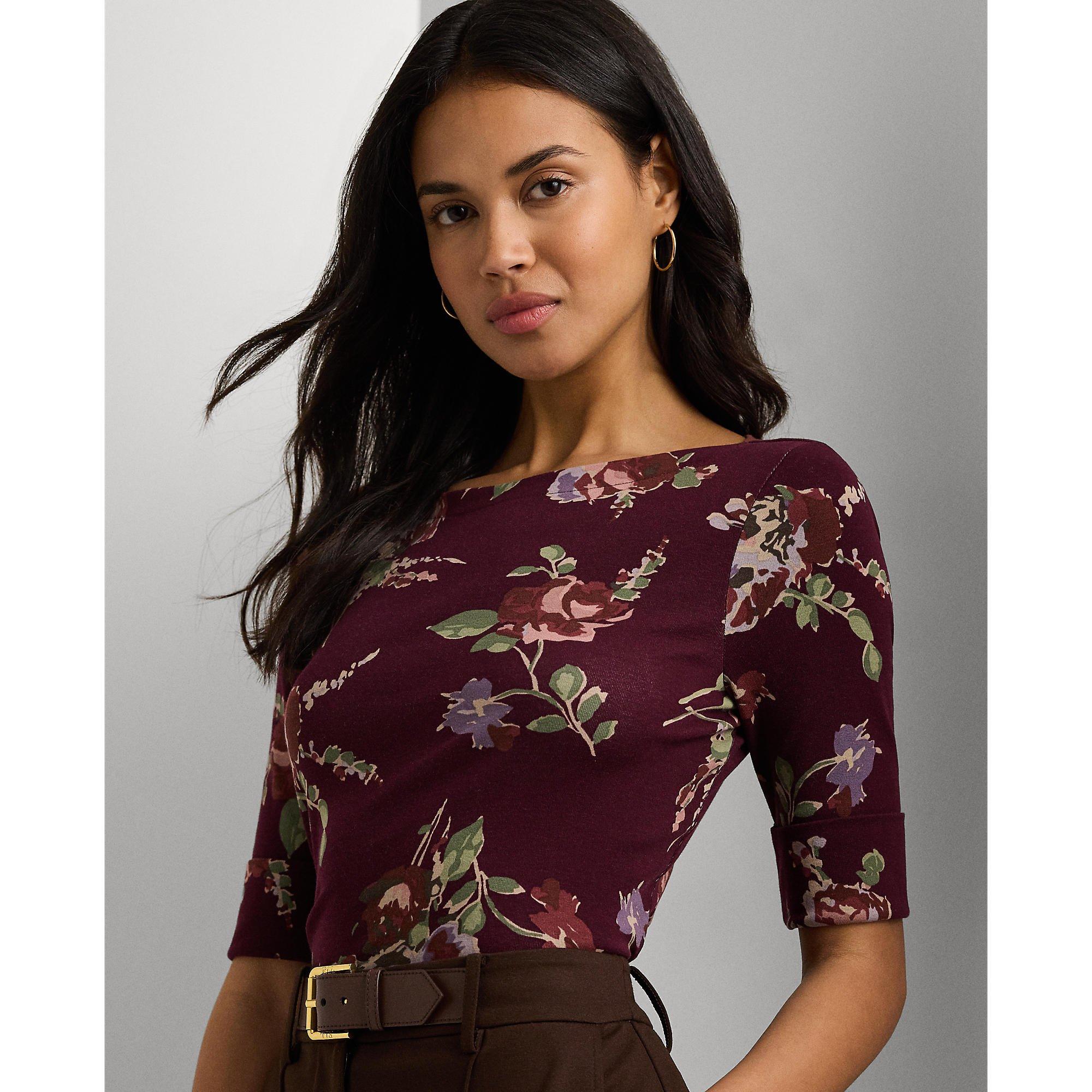 Burgundy Multi - Lauren by Ralph Lauren - Floral Stretch Boatneck T-Shirt - 4