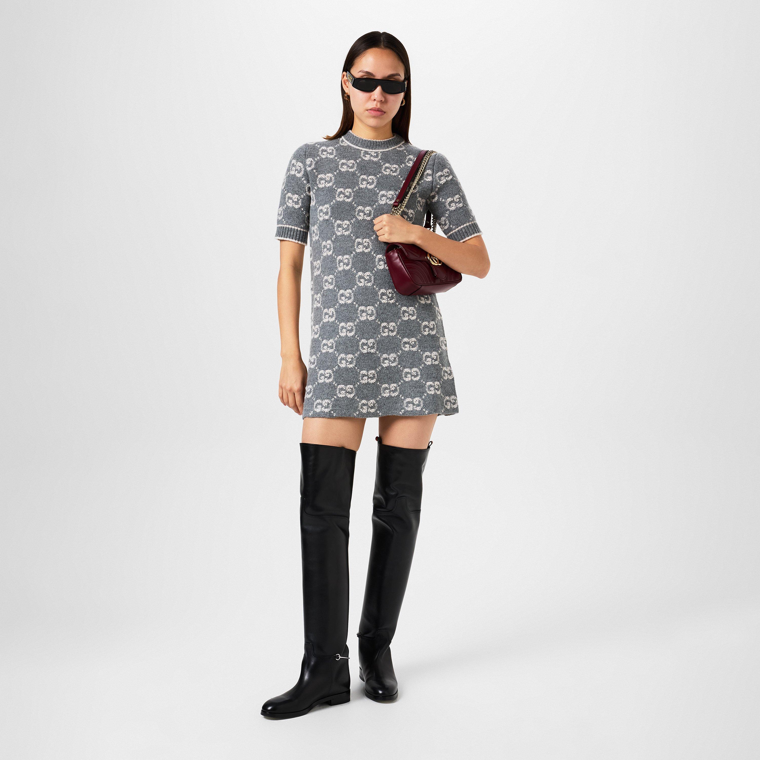 Grey/Ivory - Gucci - Women's Logo Wool Crew Dress - 4
