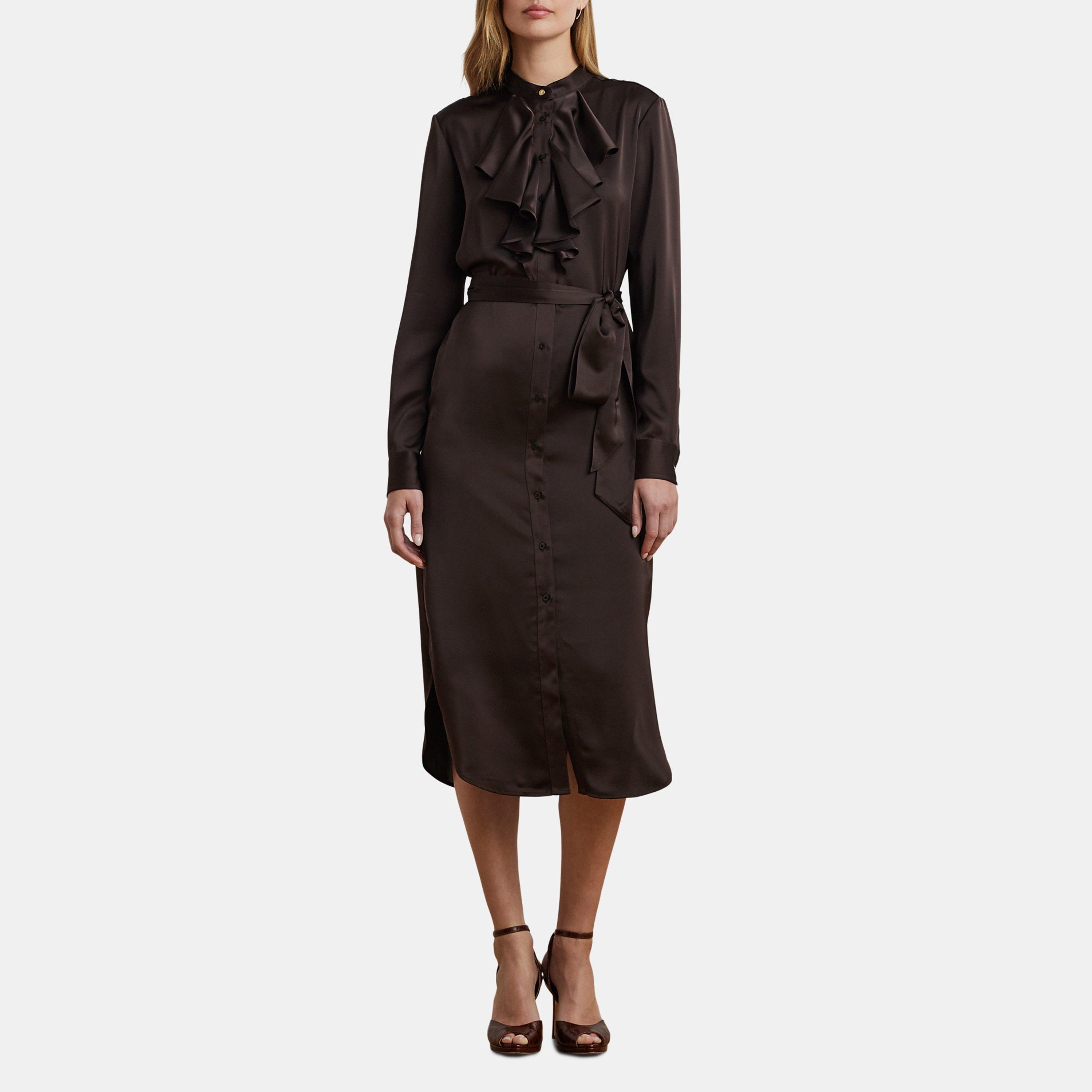 Circuit Brown - Lauren by Ralph Lauren - Ruffle-Trim Satin Charmeuse Shirtdress - 2