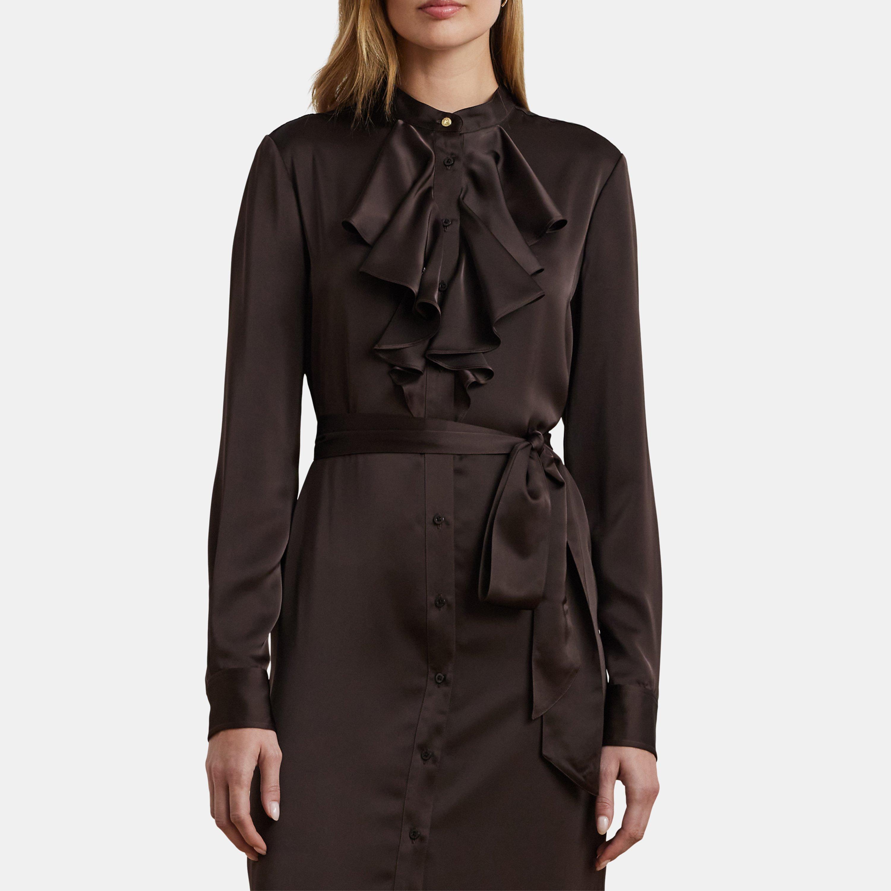 Circuit Brown - Lauren by Ralph Lauren - Ruffle-Trim Satin Charmeuse Shirtdress - 4