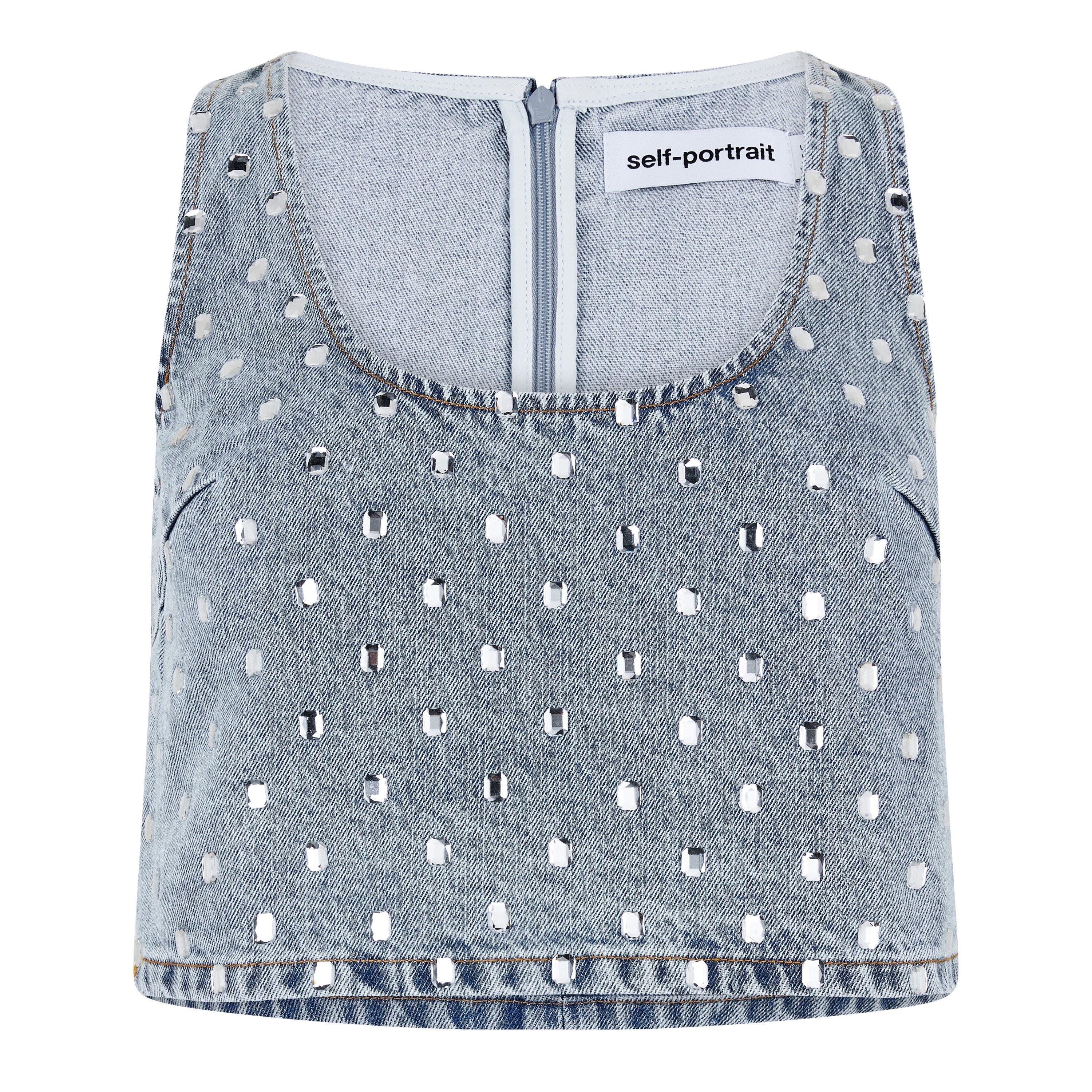 Light Blue - Self Portrait - Women's Rhinestone Denim Strappy Crop Top - 1