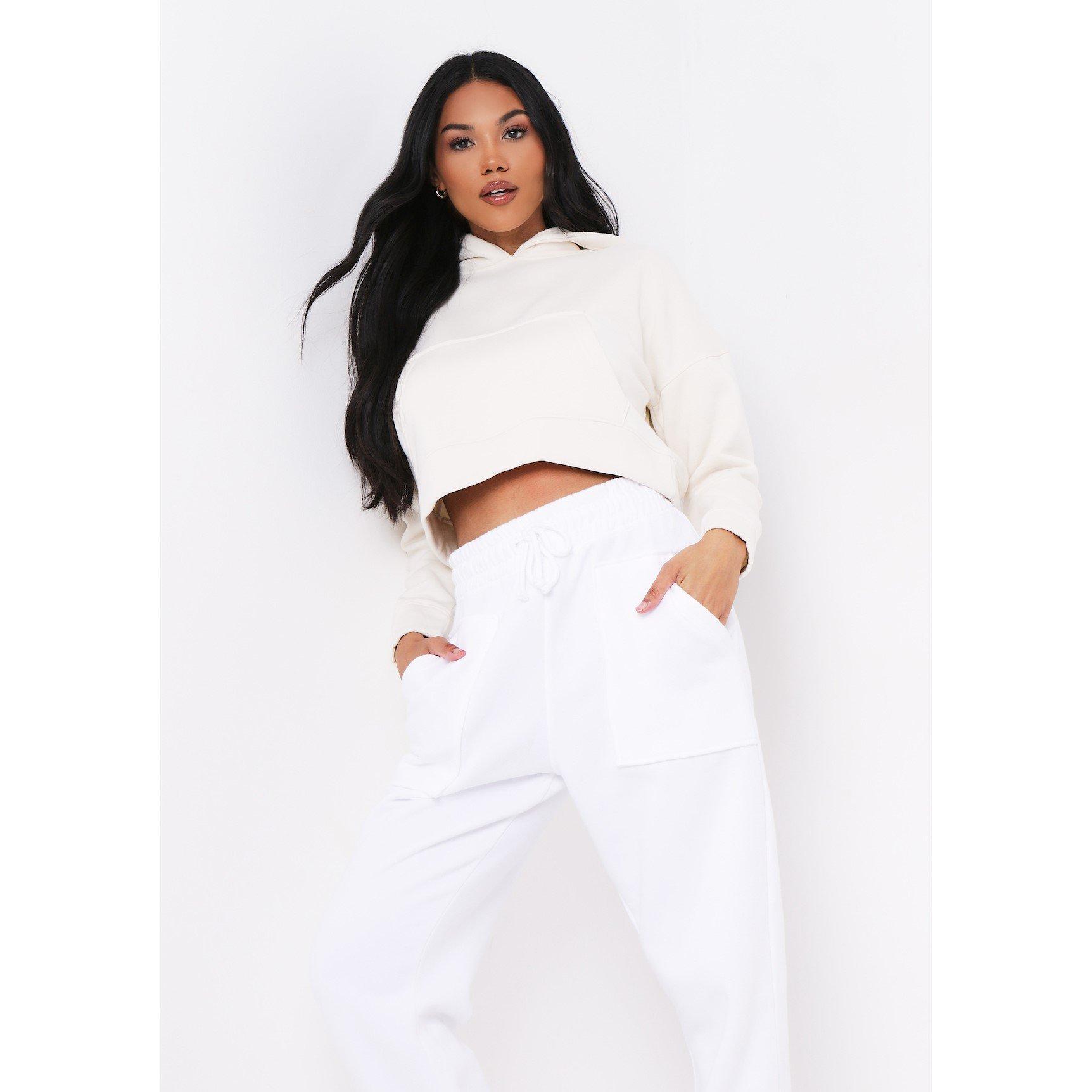 Creme - Missy Empire - Pocket Front Cropped Hoodie