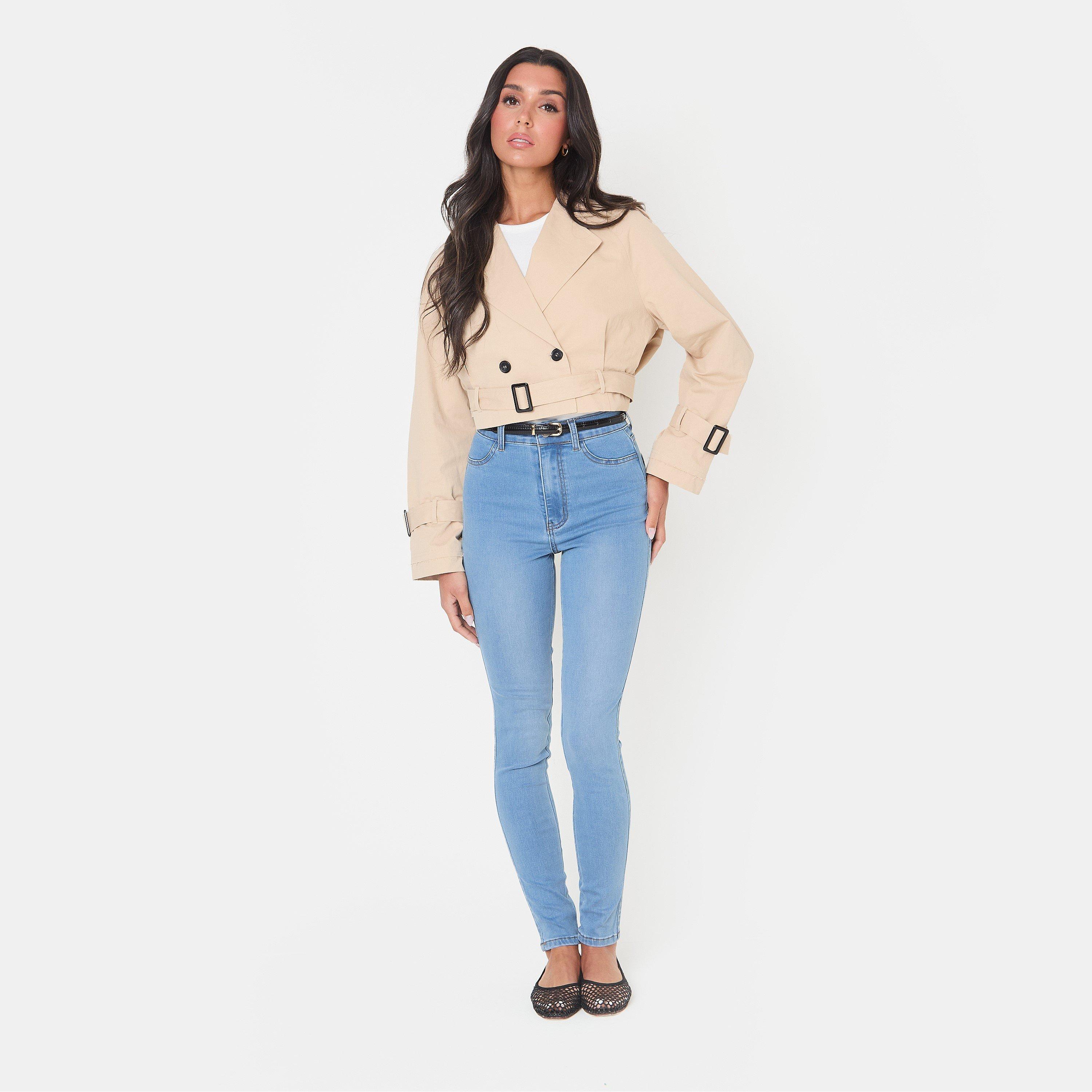 Camel - I Saw It First - Women's Cropped Belted Long Sleeve Trench Coat - 1