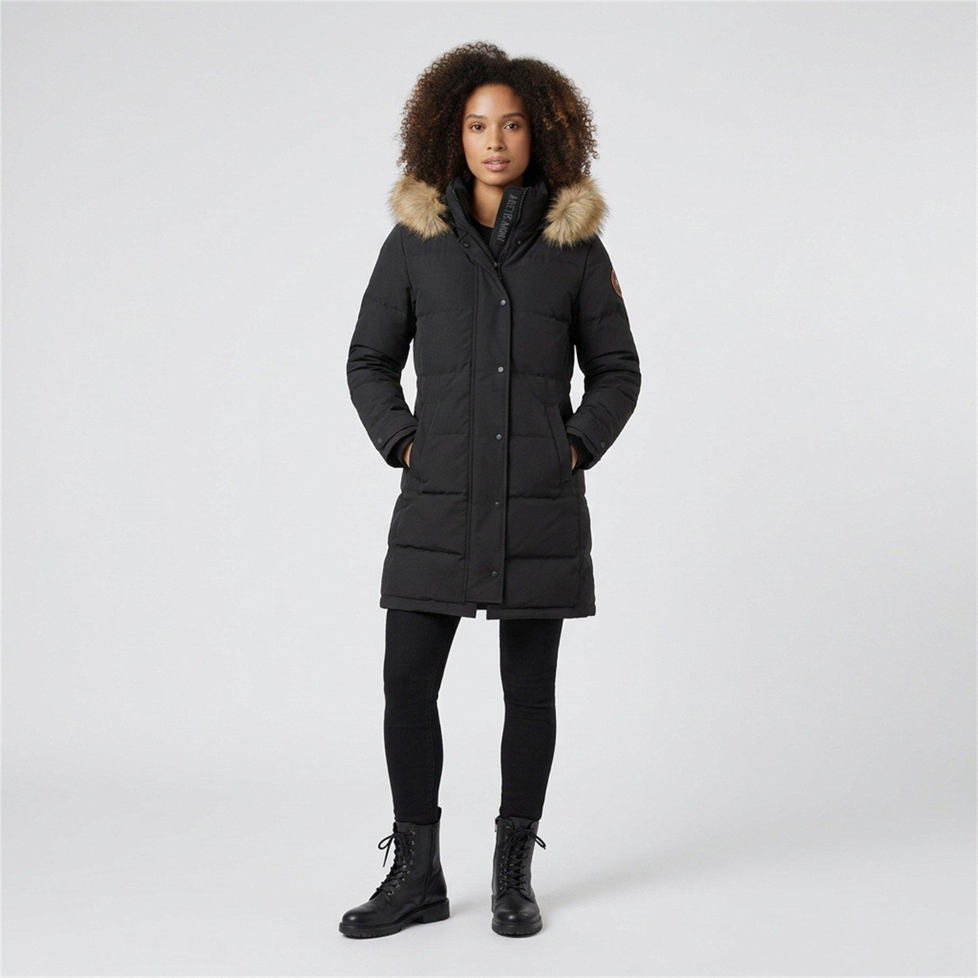 Black - Arctic Army - Women's Muskox Faux Fur Trim Hooded Thigh Length Parka - 7