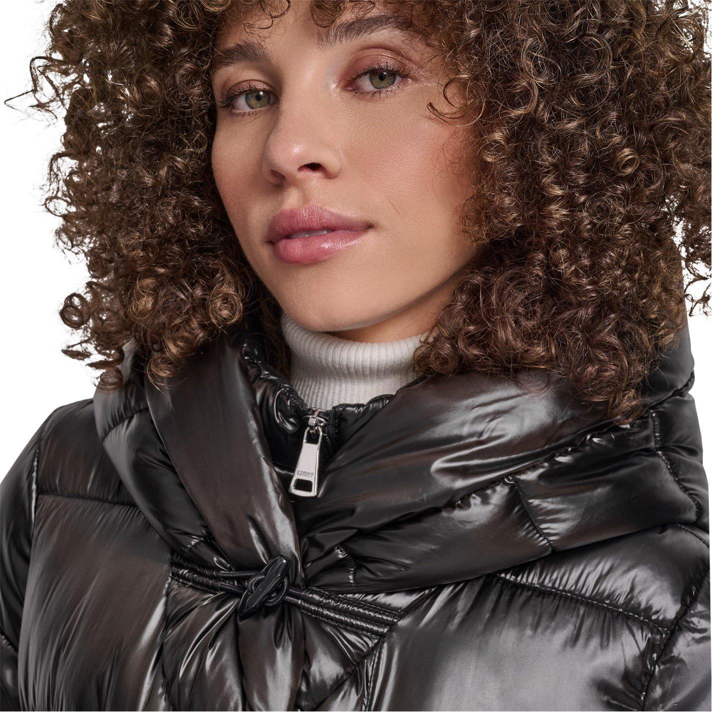 Black - DKNY - Womens Medium Shine Puffer Jacket - 2