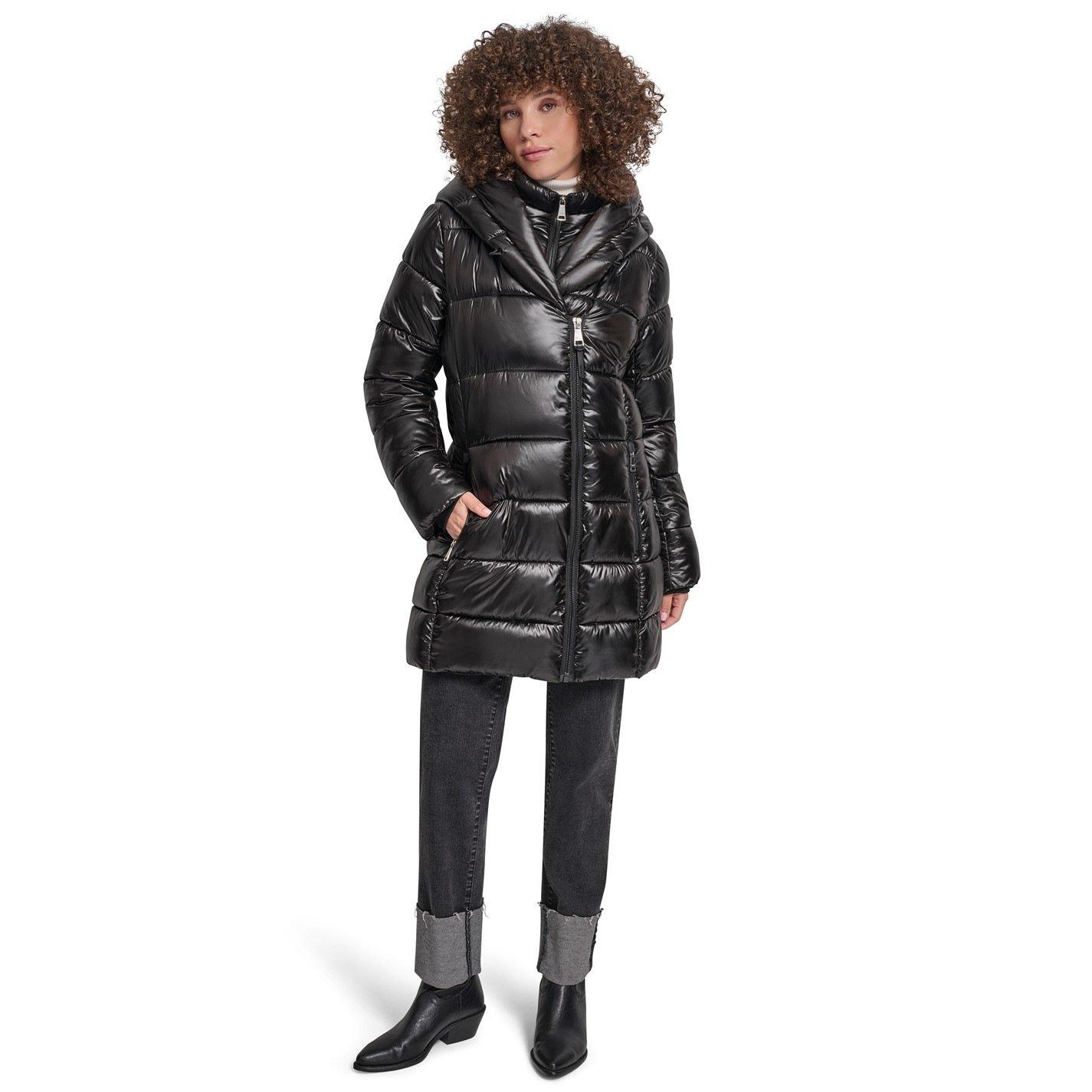 Black - DKNY - Womens Medium Shine Puffer Jacket - 3