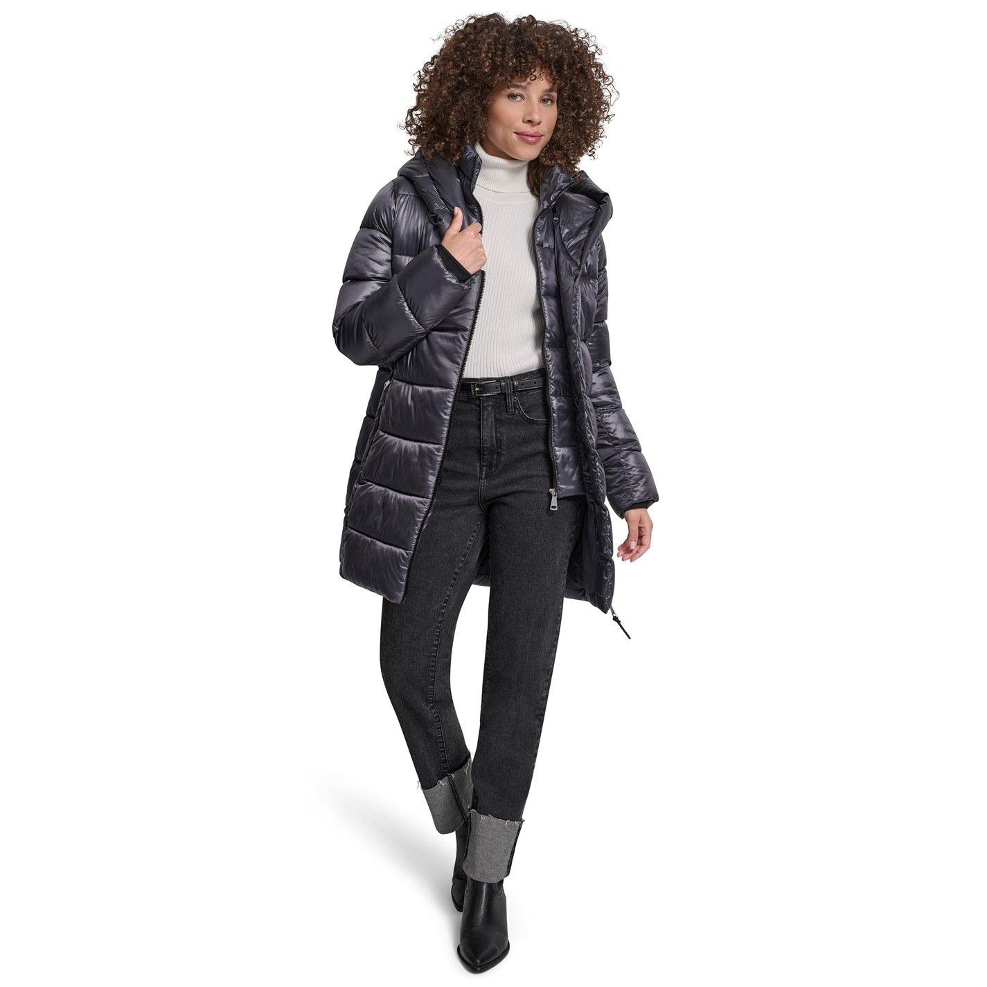 Black - DKNY - Womens Medium Shine Puffer Jacket - 4