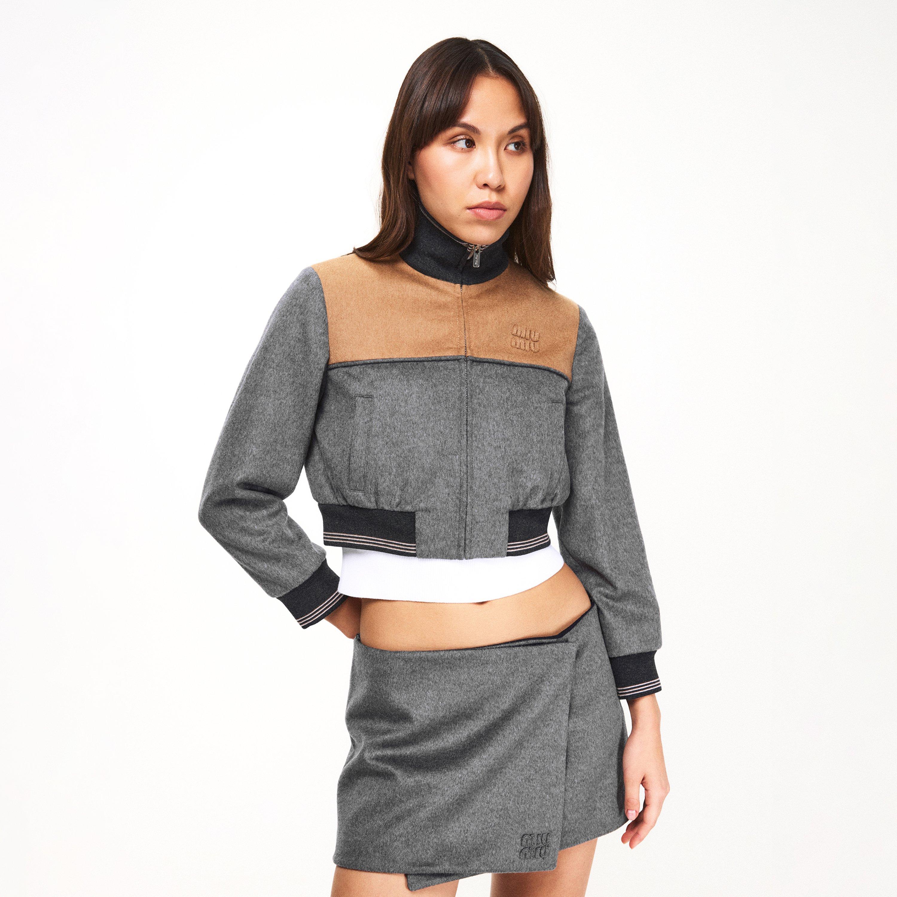 Grigio/Cammello - Miu Miu - Women's Bicolour Cropped Softshell Jacket - 3