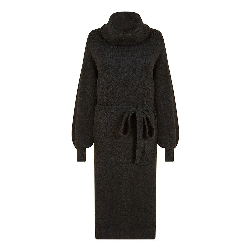 Black - Yumi - Women's Black Roll Neck Knitted Jumper Dress with Belt - 1