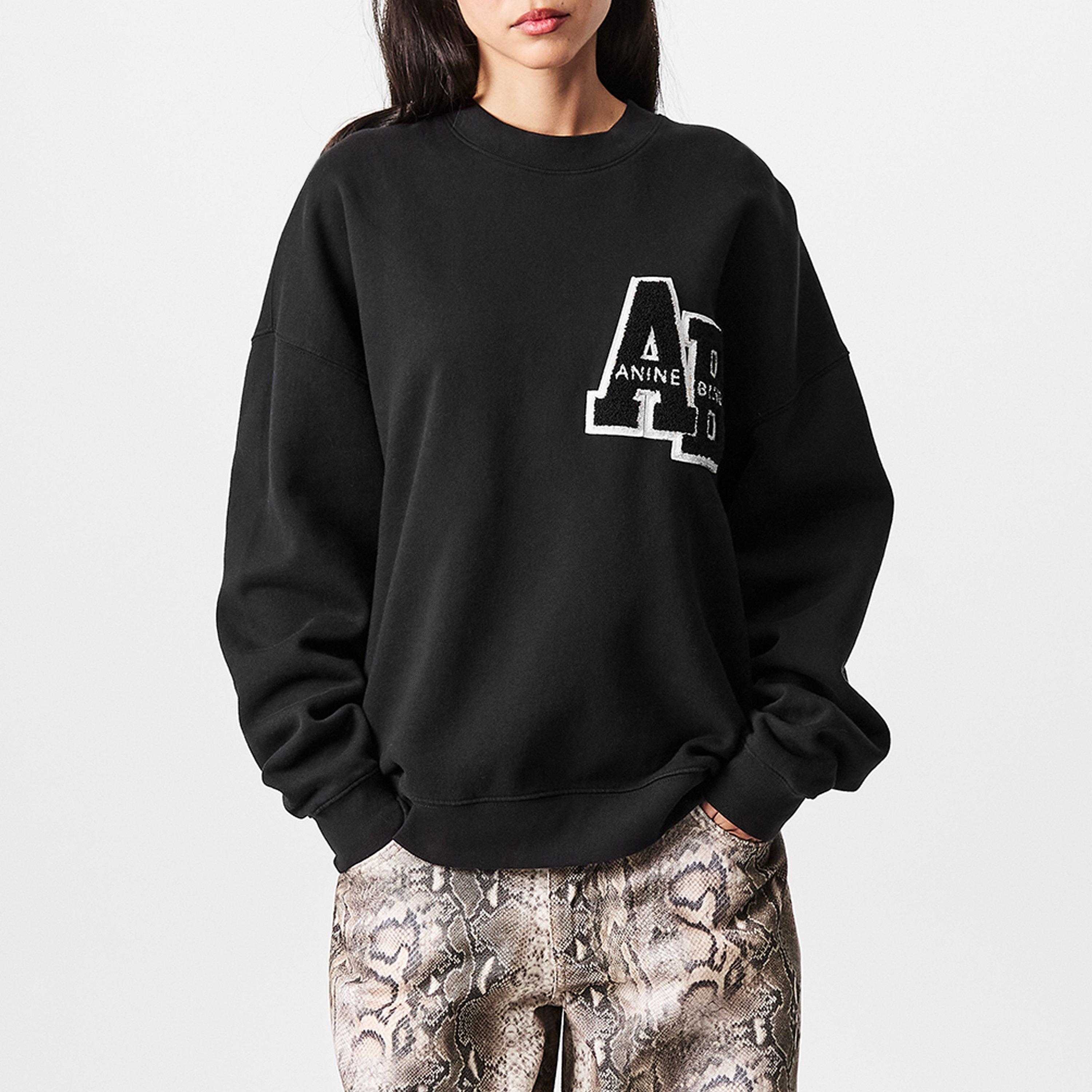 Black - Anine Bing - Women's Miles Letterman Cotton Long Sleeve Oversized Crew Sweatshirt - 3