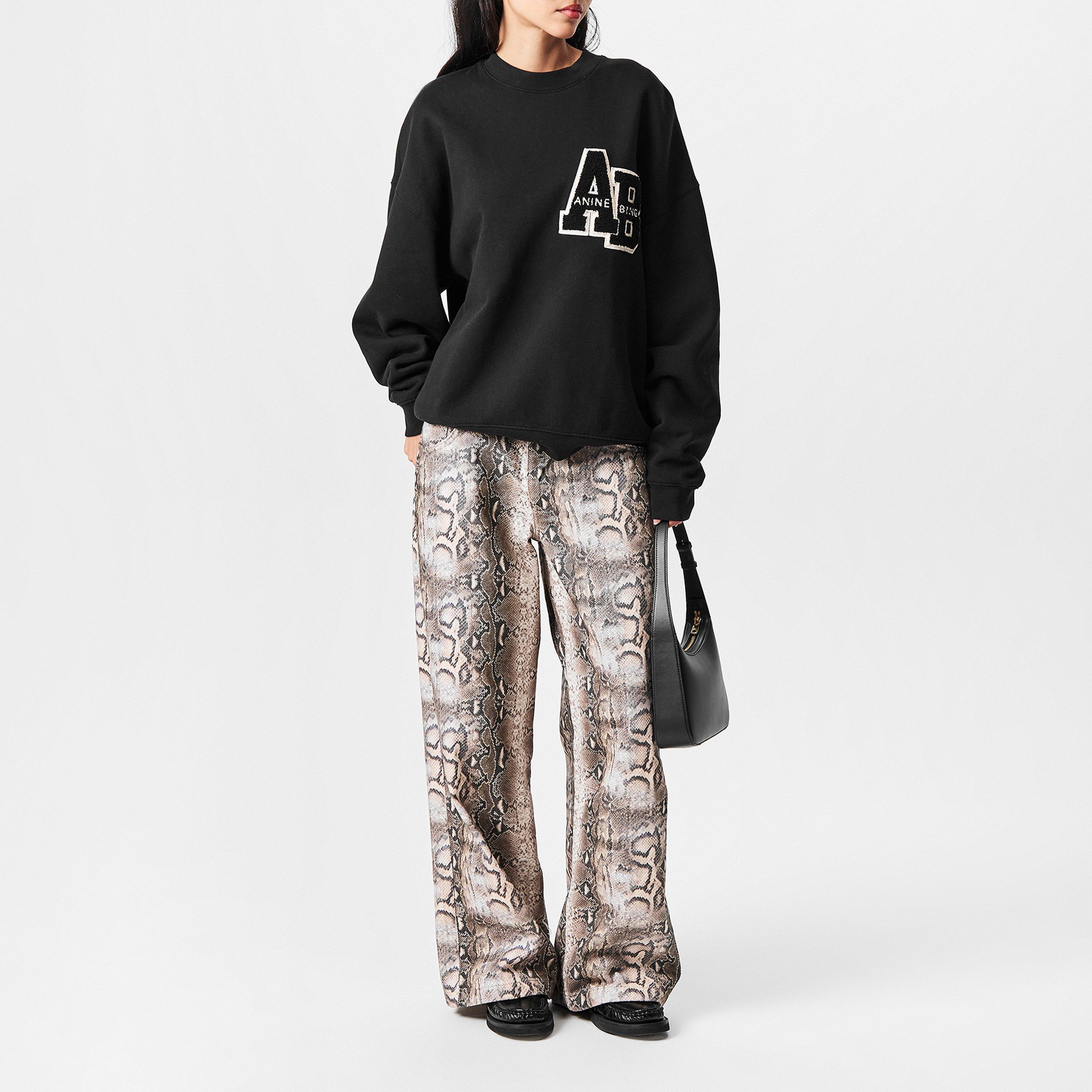 Black - Anine Bing - Women's Miles Letterman Cotton Long Sleeve Oversized Crew Sweatshirt - 6