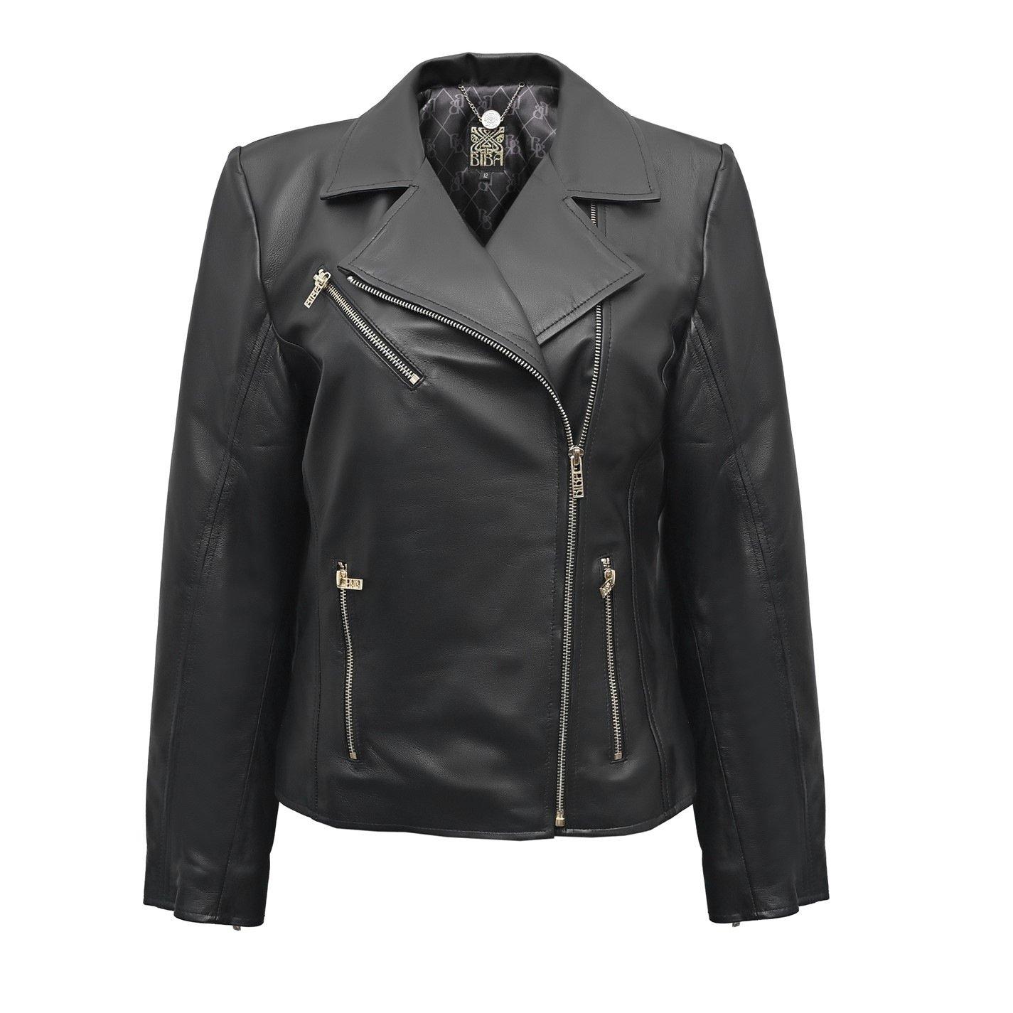 Black - Biba - Womens Genuine Sheepskin Biker 4 Pocket Leather Jacket - 1