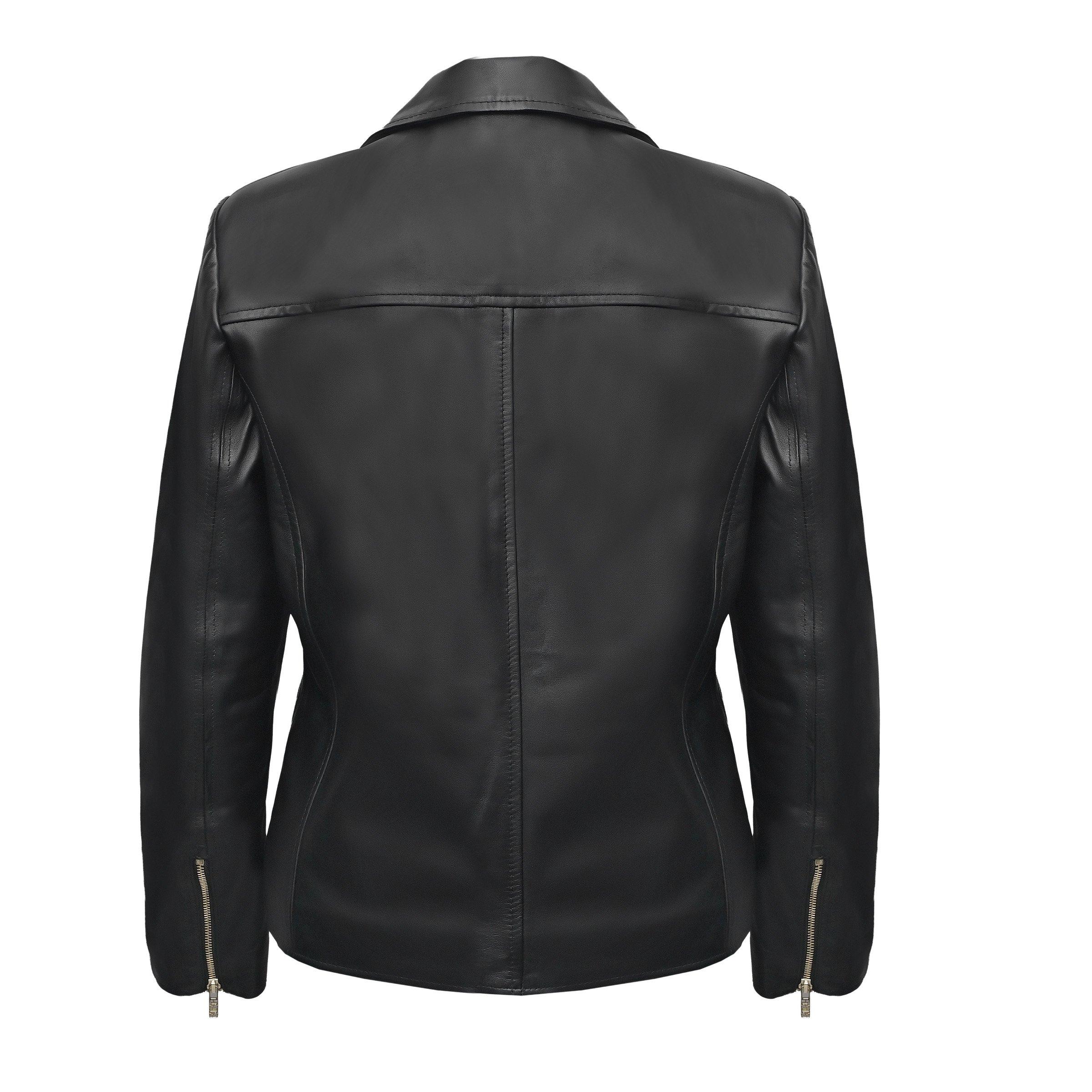 Black - Biba - Women's Genuine Sheepskin Biker 4 Pocket Leather Jacket - 2