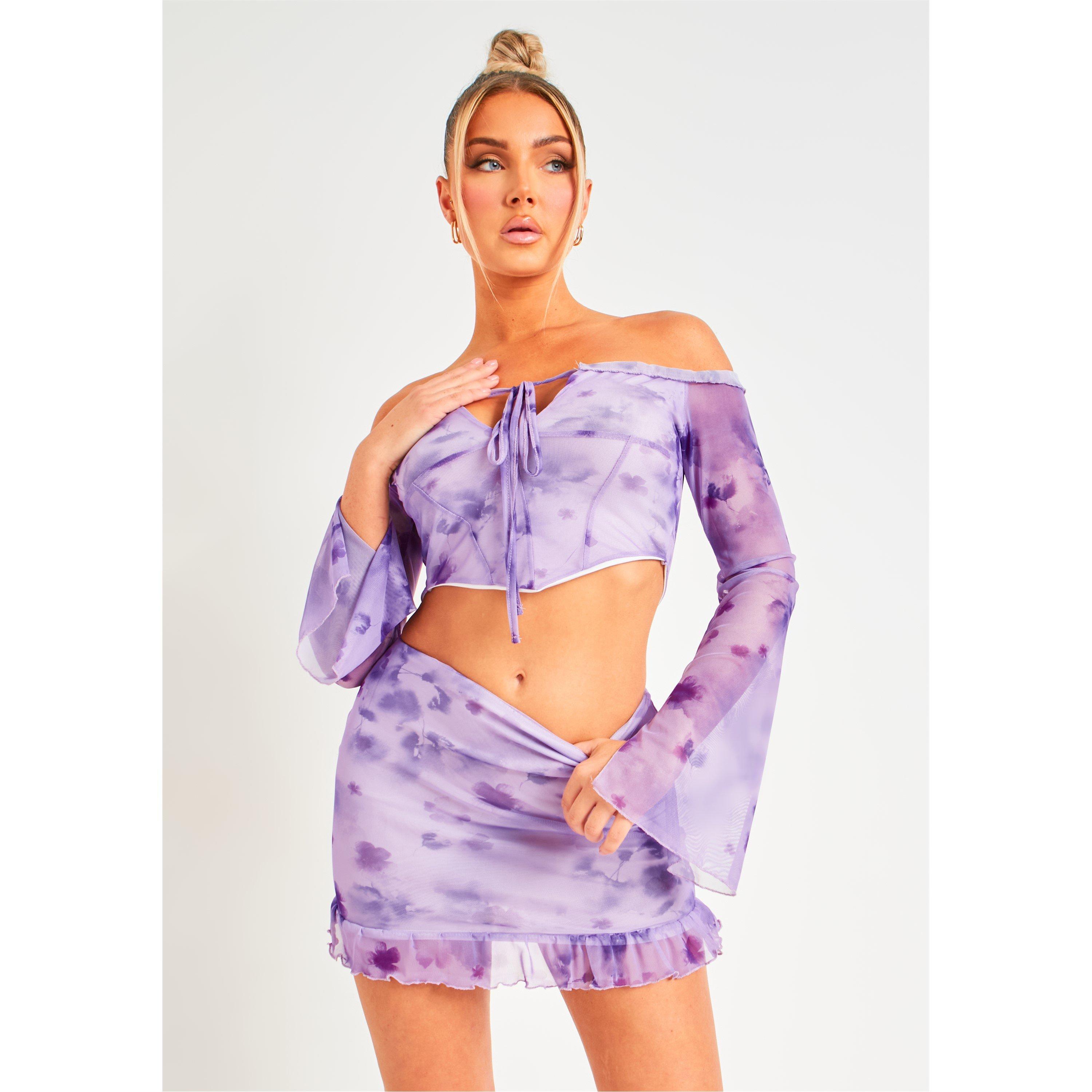 Purple - Missy Empire - Frill Floral Mesh Halter Neck Top