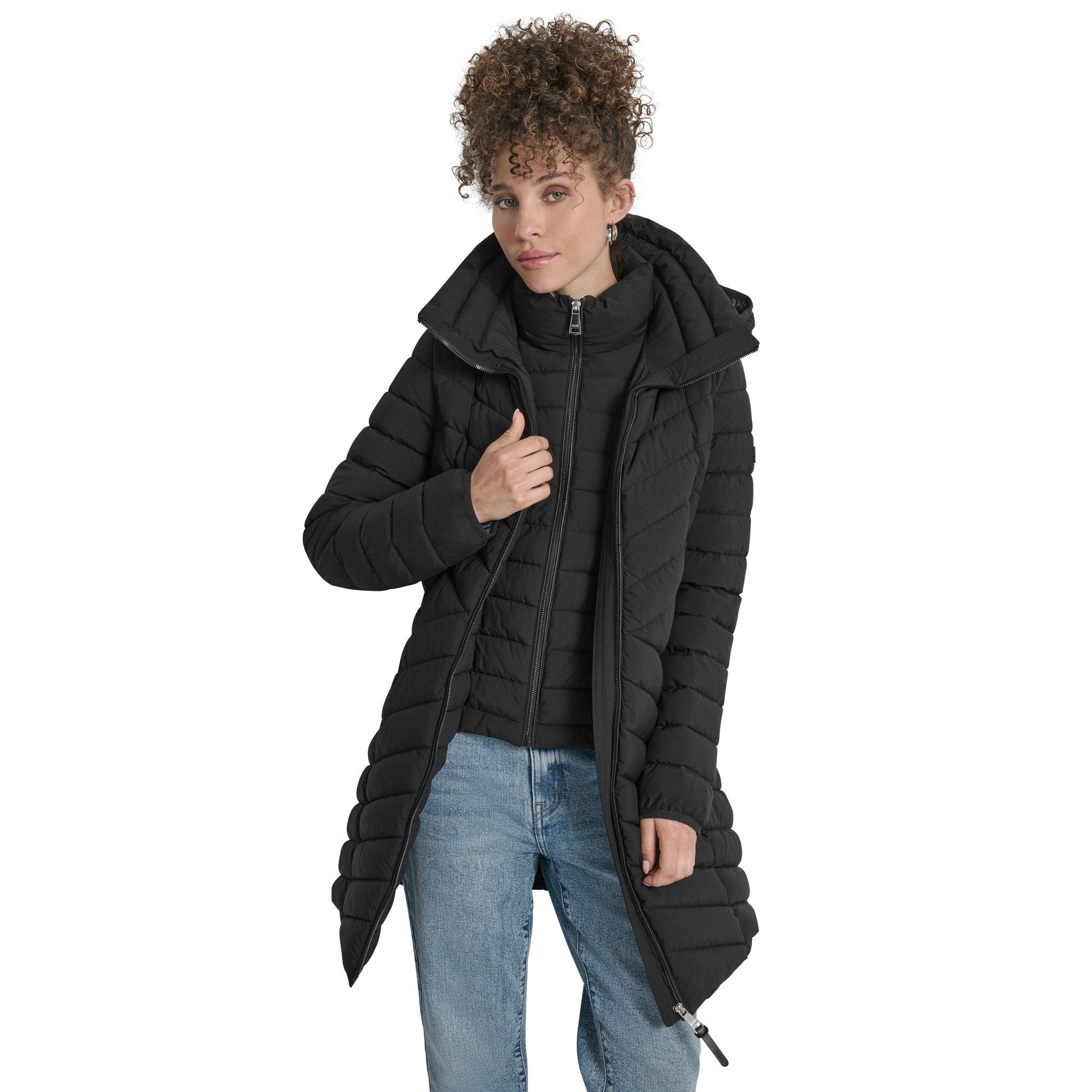 Crna - DKNY - Women's  Double-Zip Quilted Medium Puffer Jacket - 4