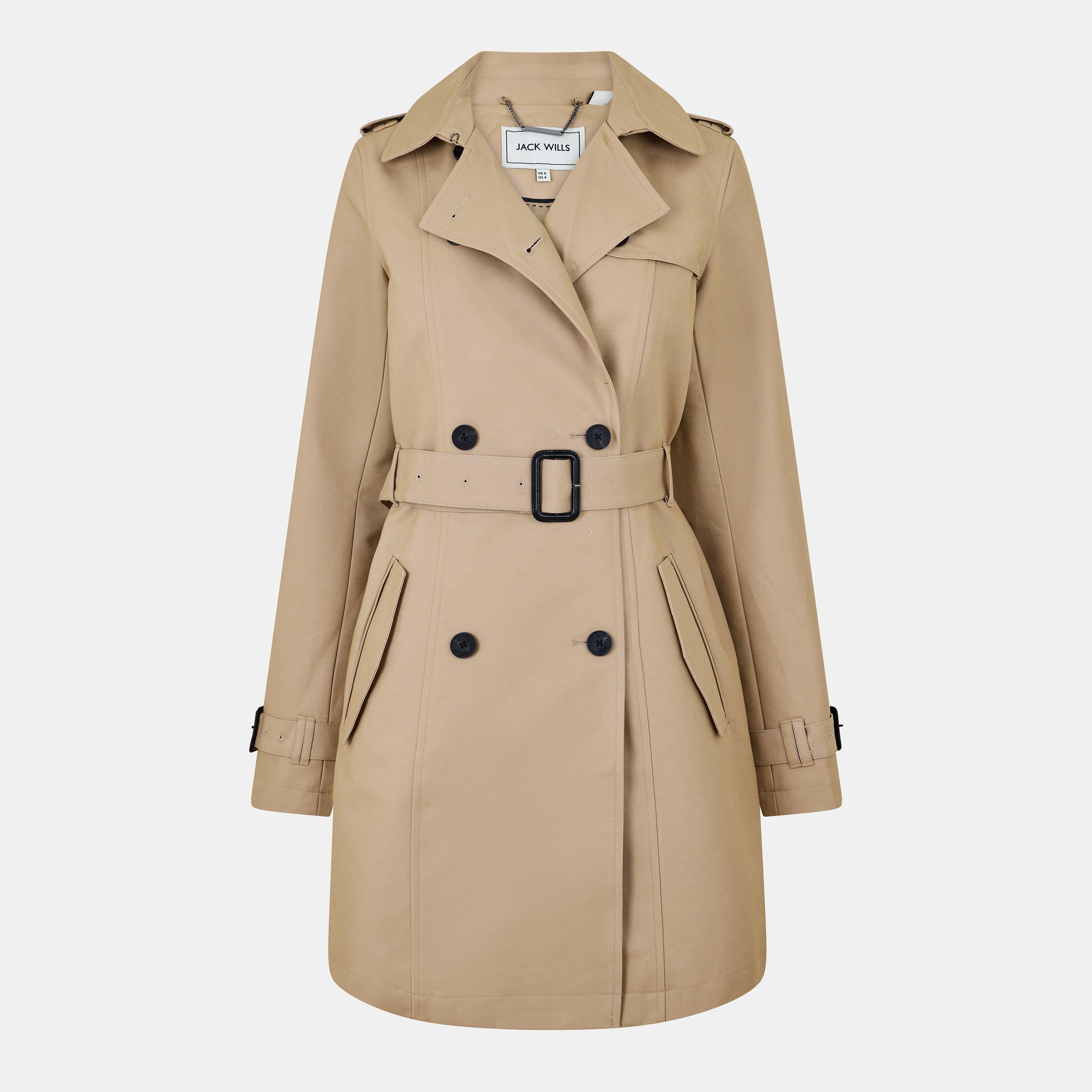 Stone - Jack Wills - Women's Double Breasted Cotton Water Resistant Mid-Length Trench Coat - 1