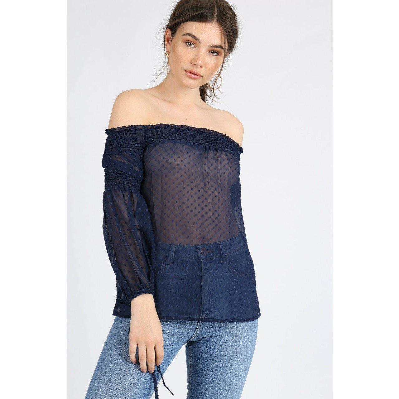 Navy - Influence - Women's Shirred Bardot Off Shoulder Top - 1