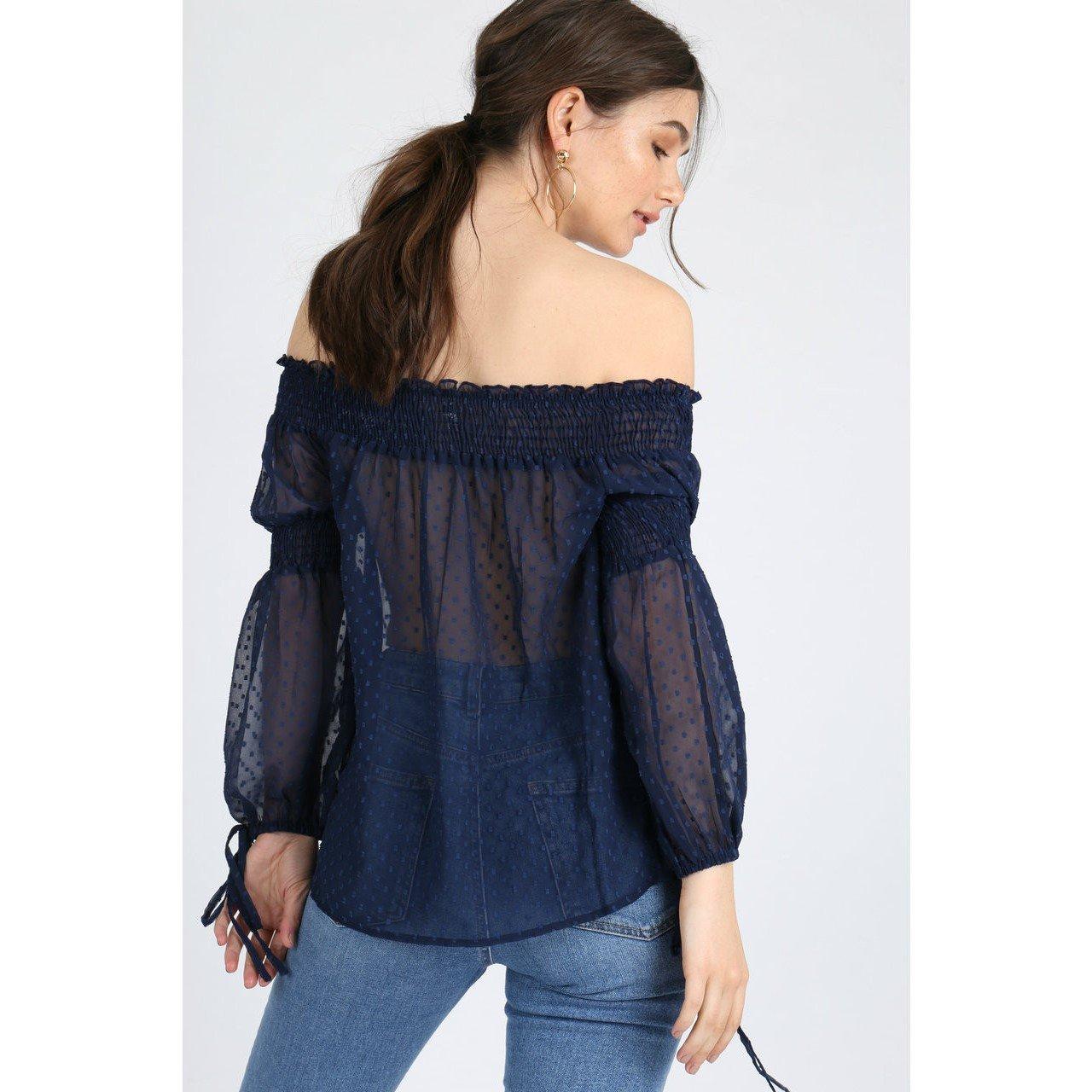 Navy - Influence - Shirred Bardot Off Shoulder Top - 2