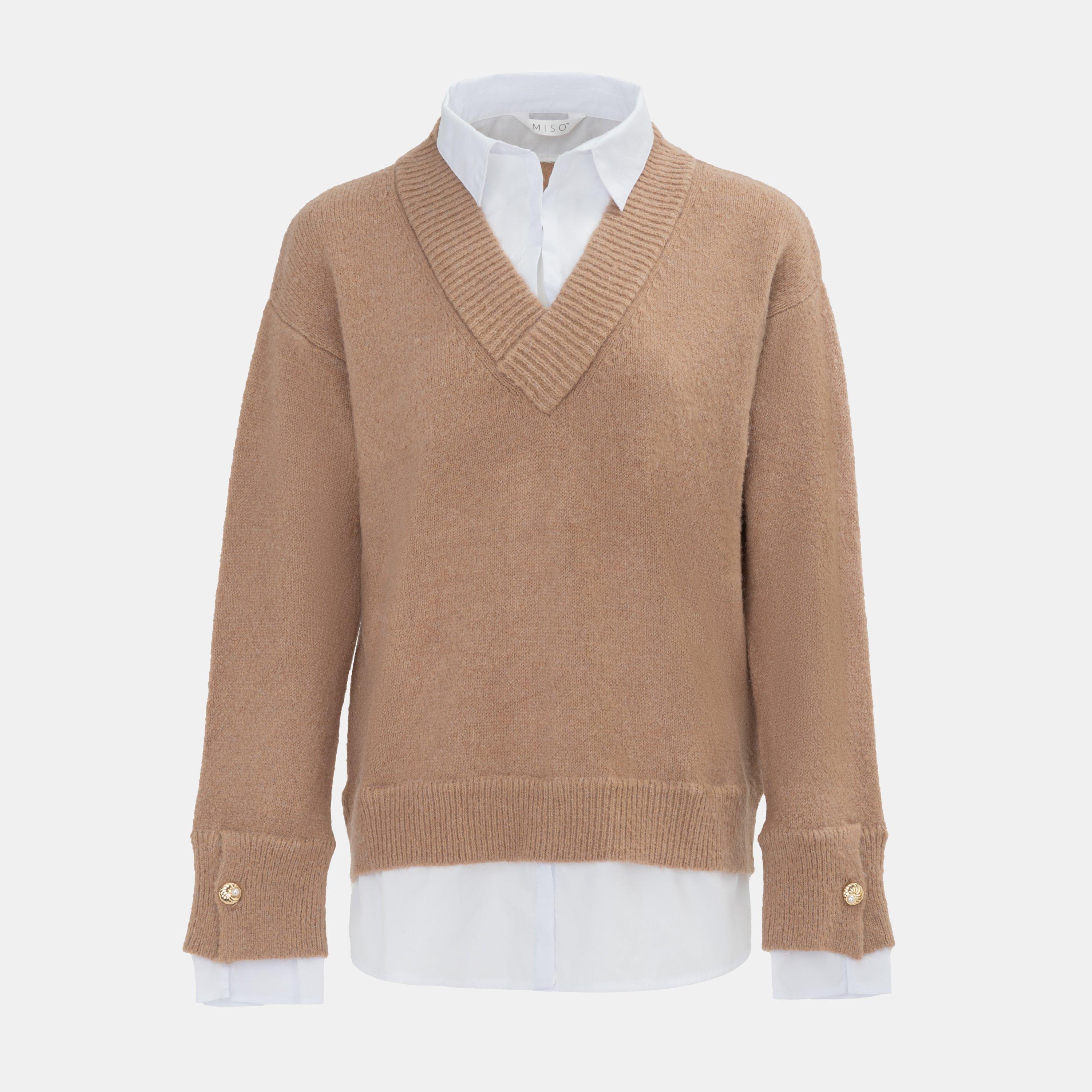 Miso Women's V Neck Shirt Collar Fake Two-Piece Jumper - Beige - 8 (XS)