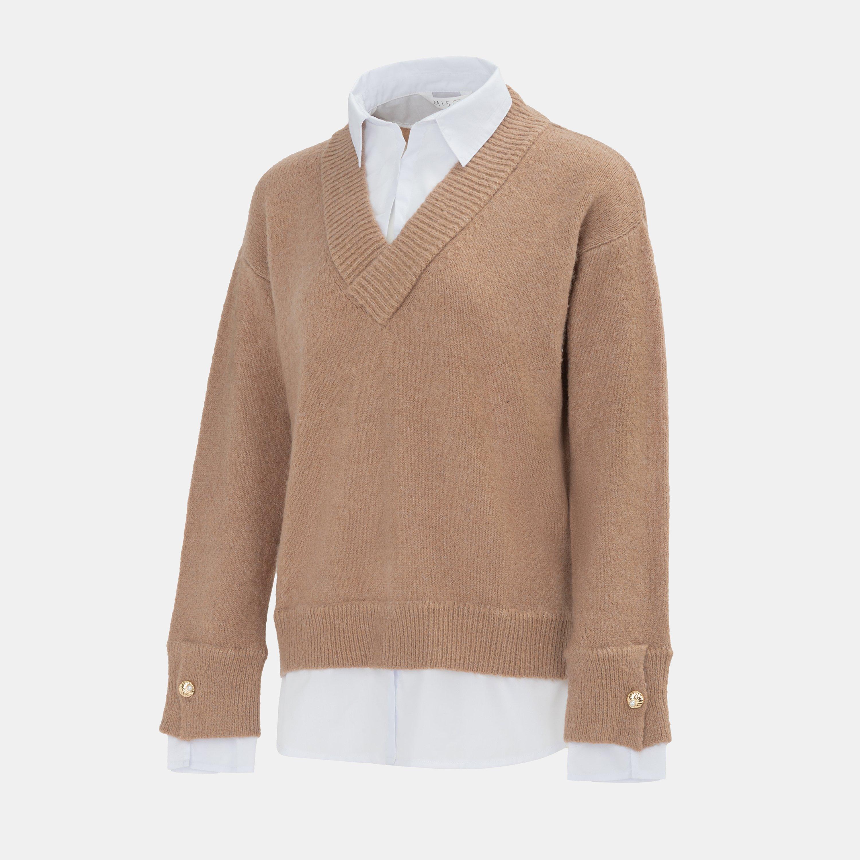 Beige - Miso - V neck Shirt Collar Fake two-piece Jumper Women - 3