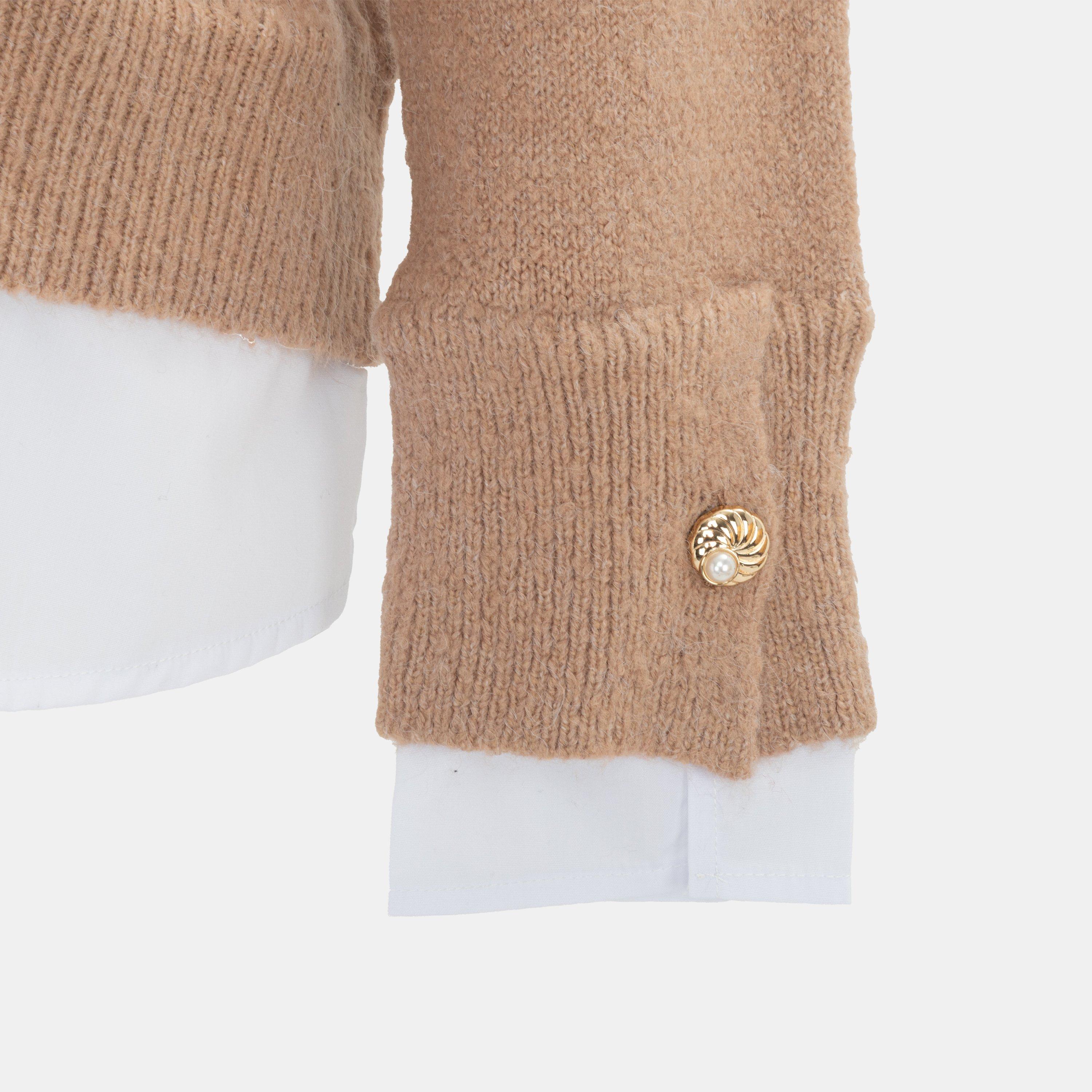 Beige - Miso - V neck Shirt Collar Fake two-piece Jumper Women - 4