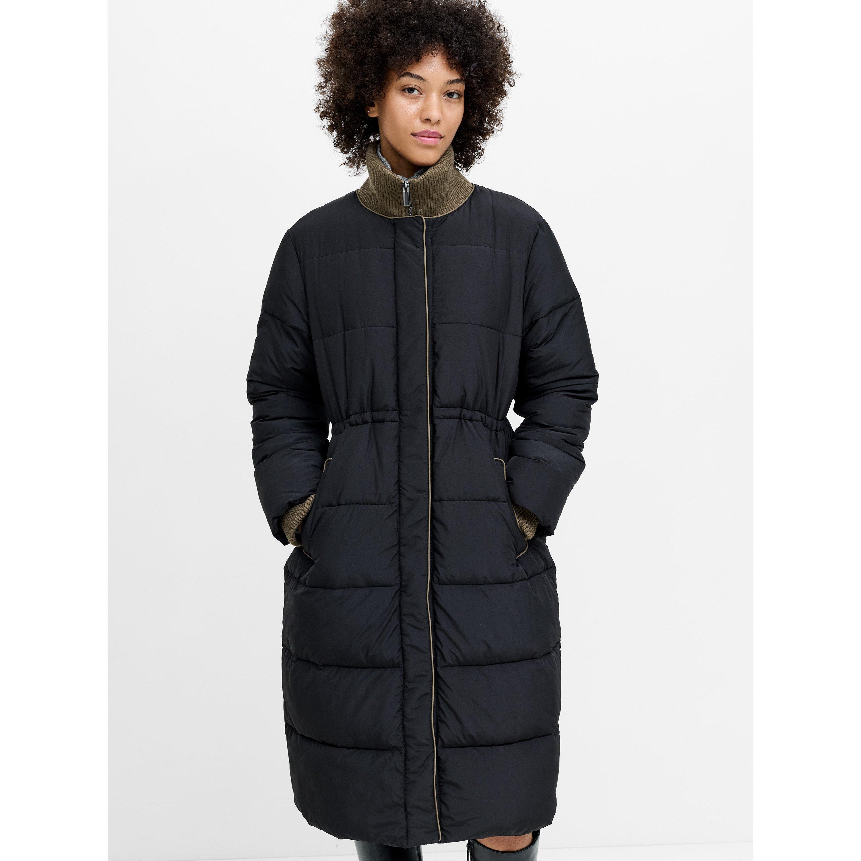 018-BLACK/KHAKI - French Connection - Women's Minnie Puff Full-Zip Funnel-Neck Long Puffer Jacket - 2
