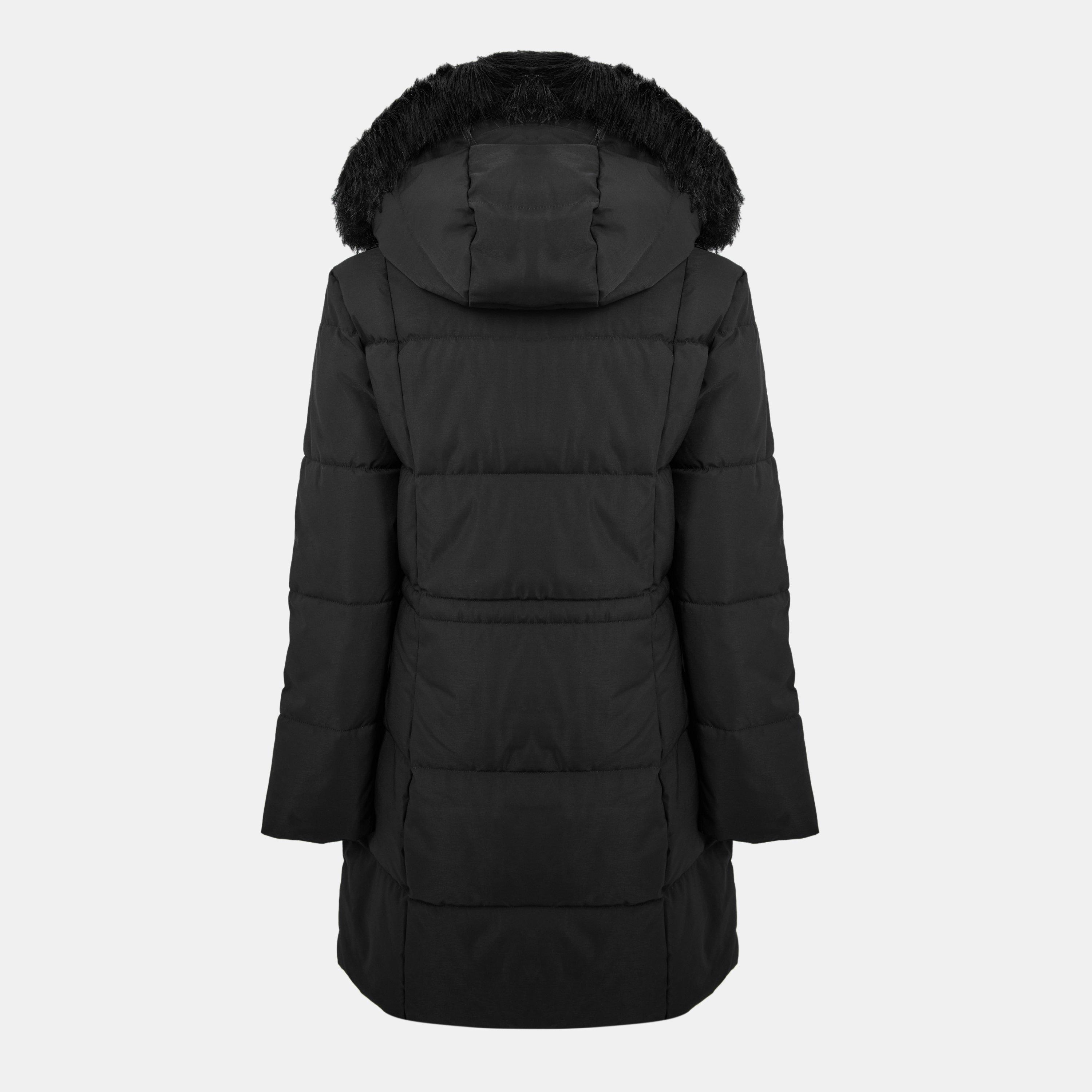 Black - DKNY - Women's  Quilted Fur Hood Tailored Fit Medium Puffer Jacket - 2