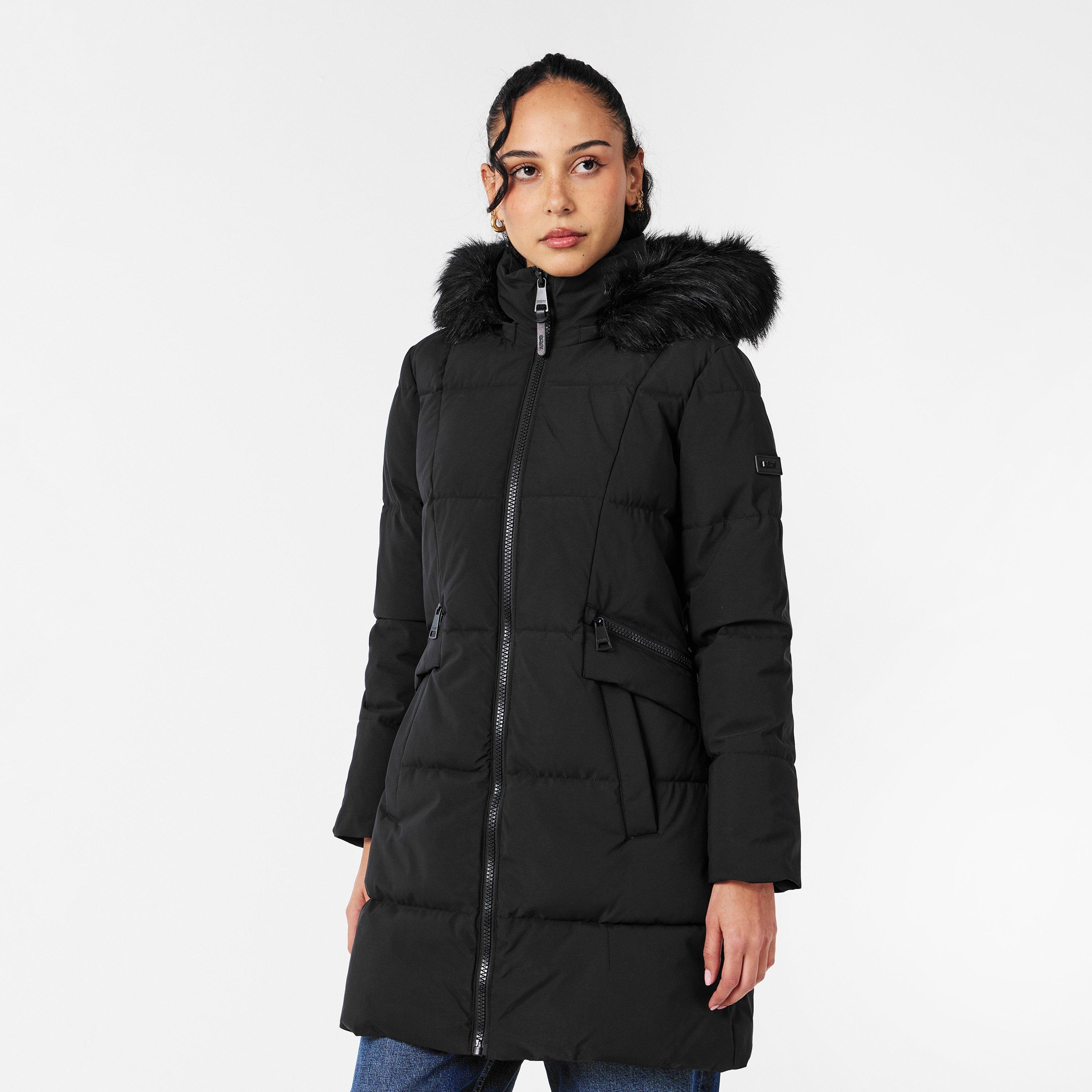 Black - DKNY - Women's  Quilted Fur Hood Tailored Fit Medium Puffer Jacket - 3