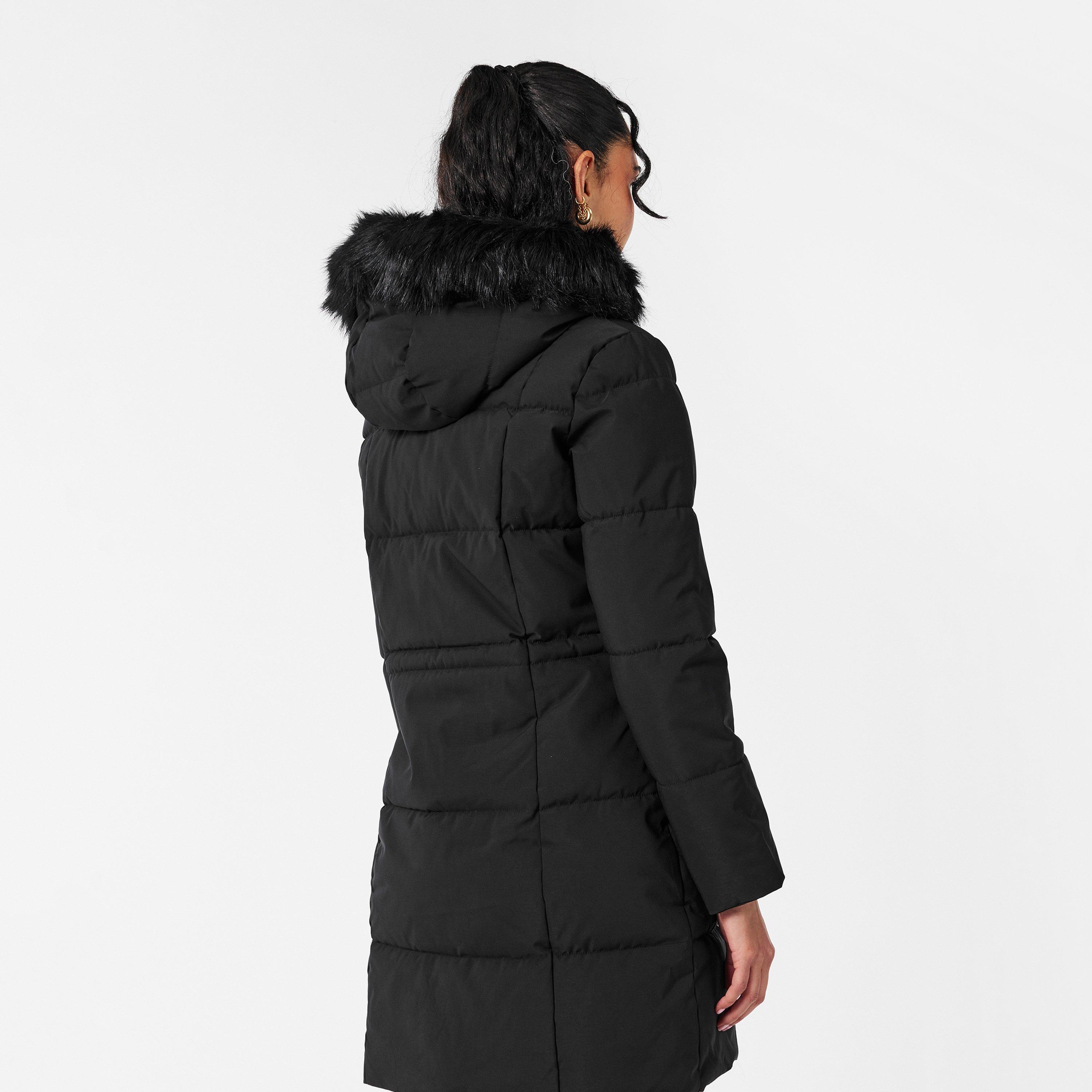 Black - DKNY - Women's  Quilted Fur Hood Tailored Fit Medium Puffer Jacket - 4