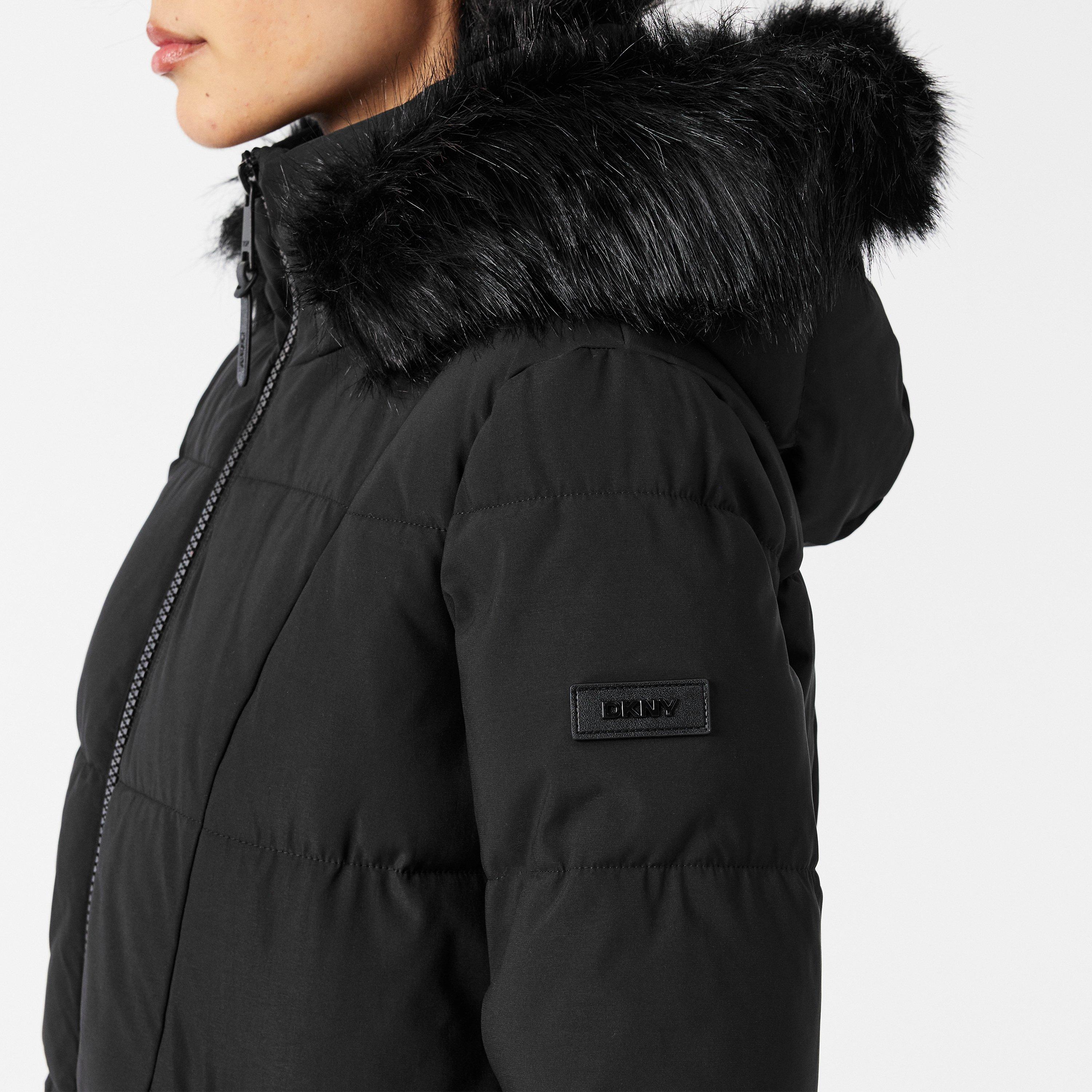 Black - DKNY - Women's  Quilted Fur Hood Tailored Fit Medium Puffer Jacket - 5