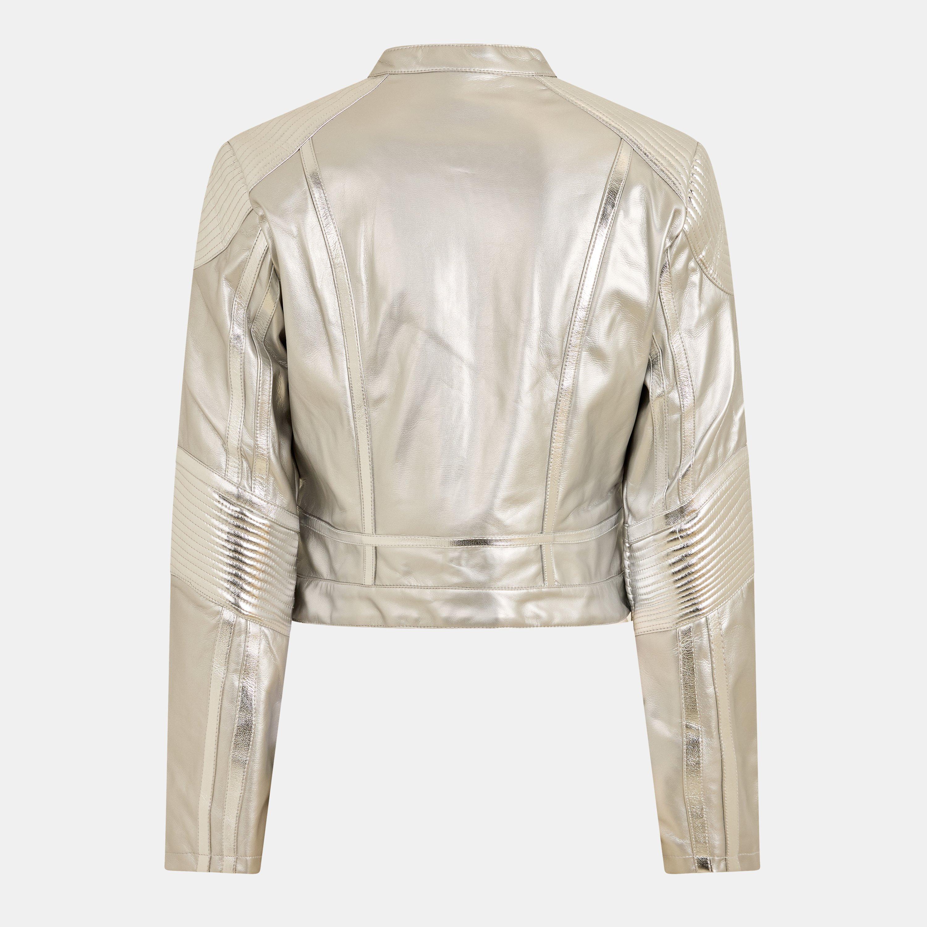 Silver - AmyLynn - 's Fitted Bomber Faux Leather Jacket - 2