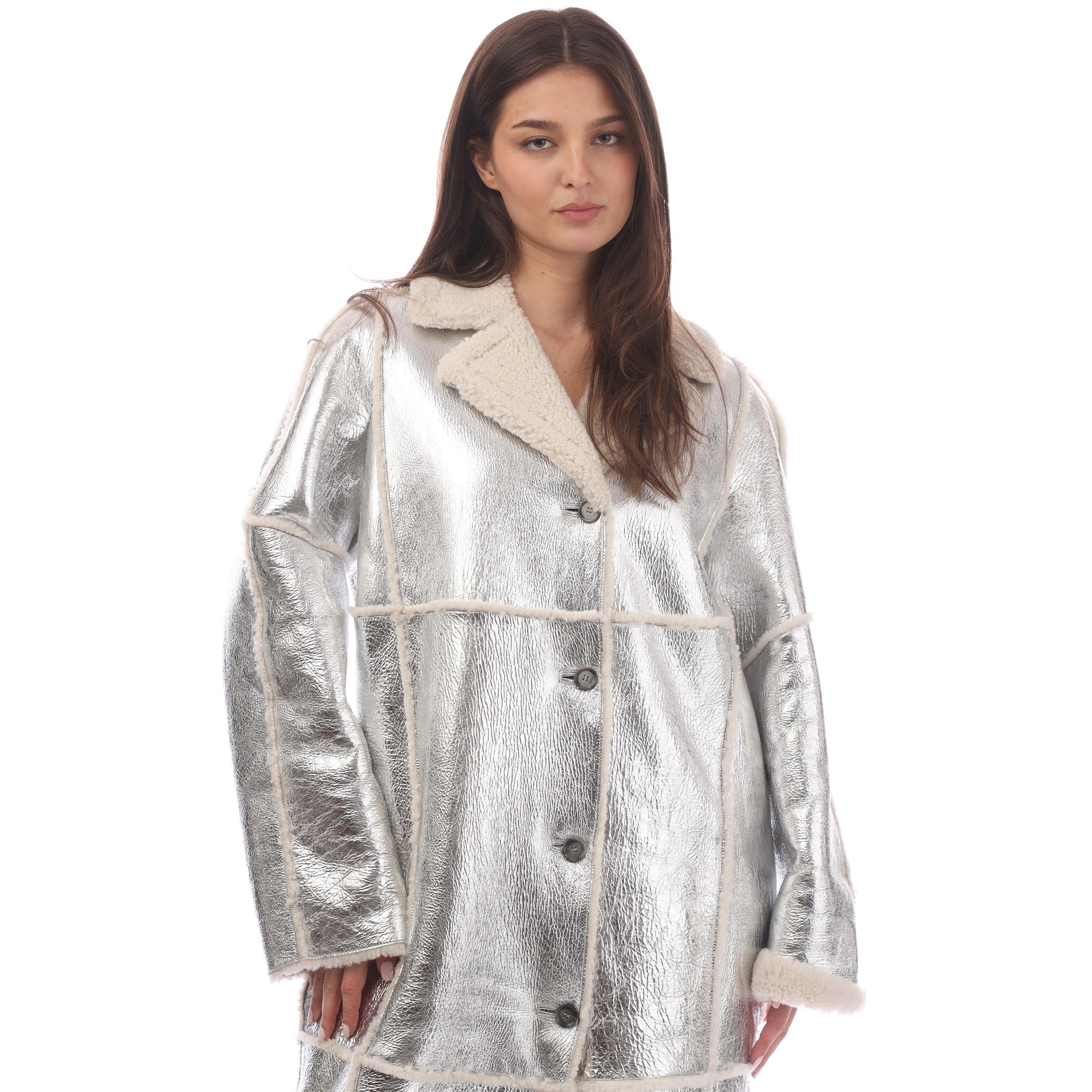 Silver - Boss - Women's Longline Metallic-Effect Coated Lambskin Coat - 2