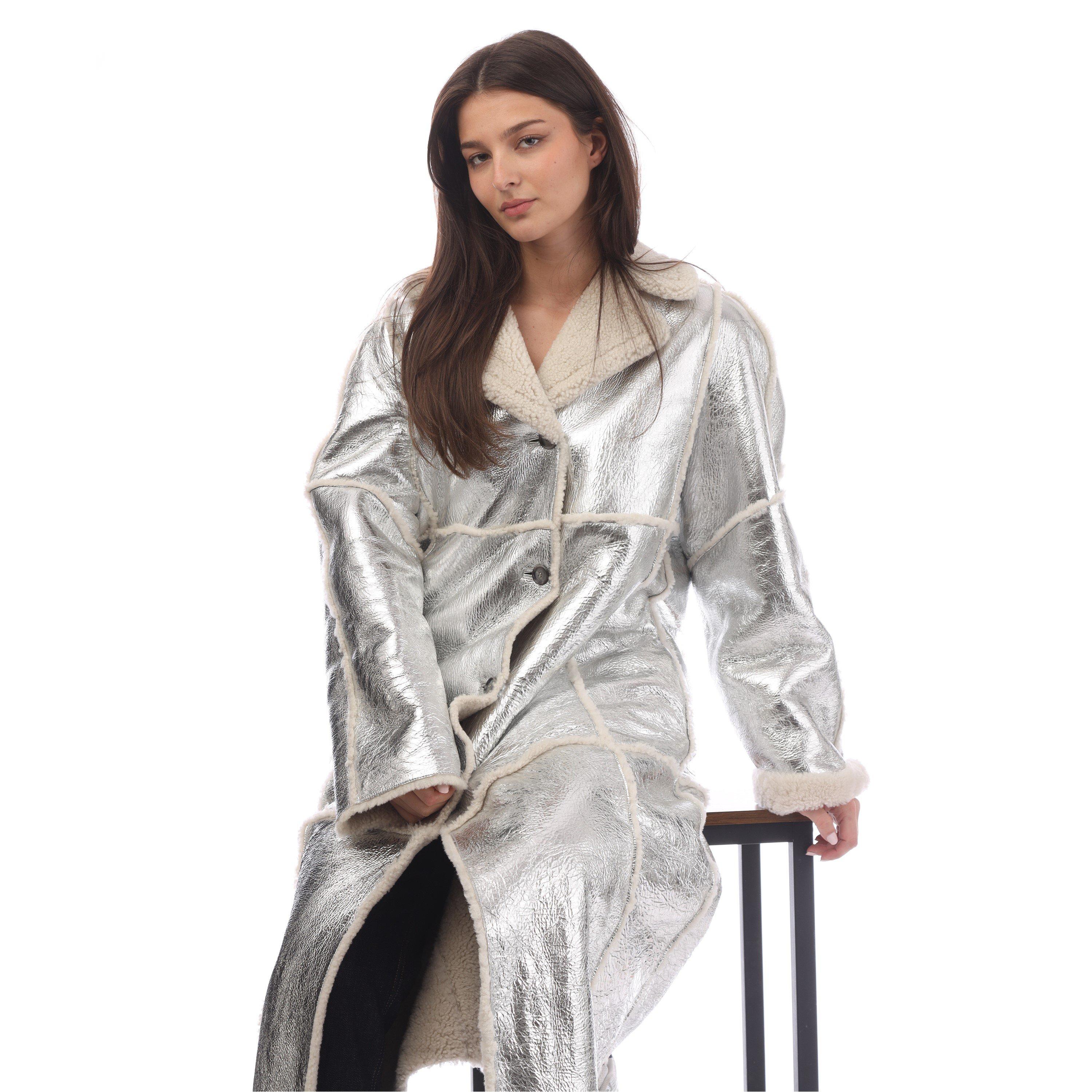 Silver - Boss - Women's Longline Metallic-Effect Coated Lambskin Coat - 4