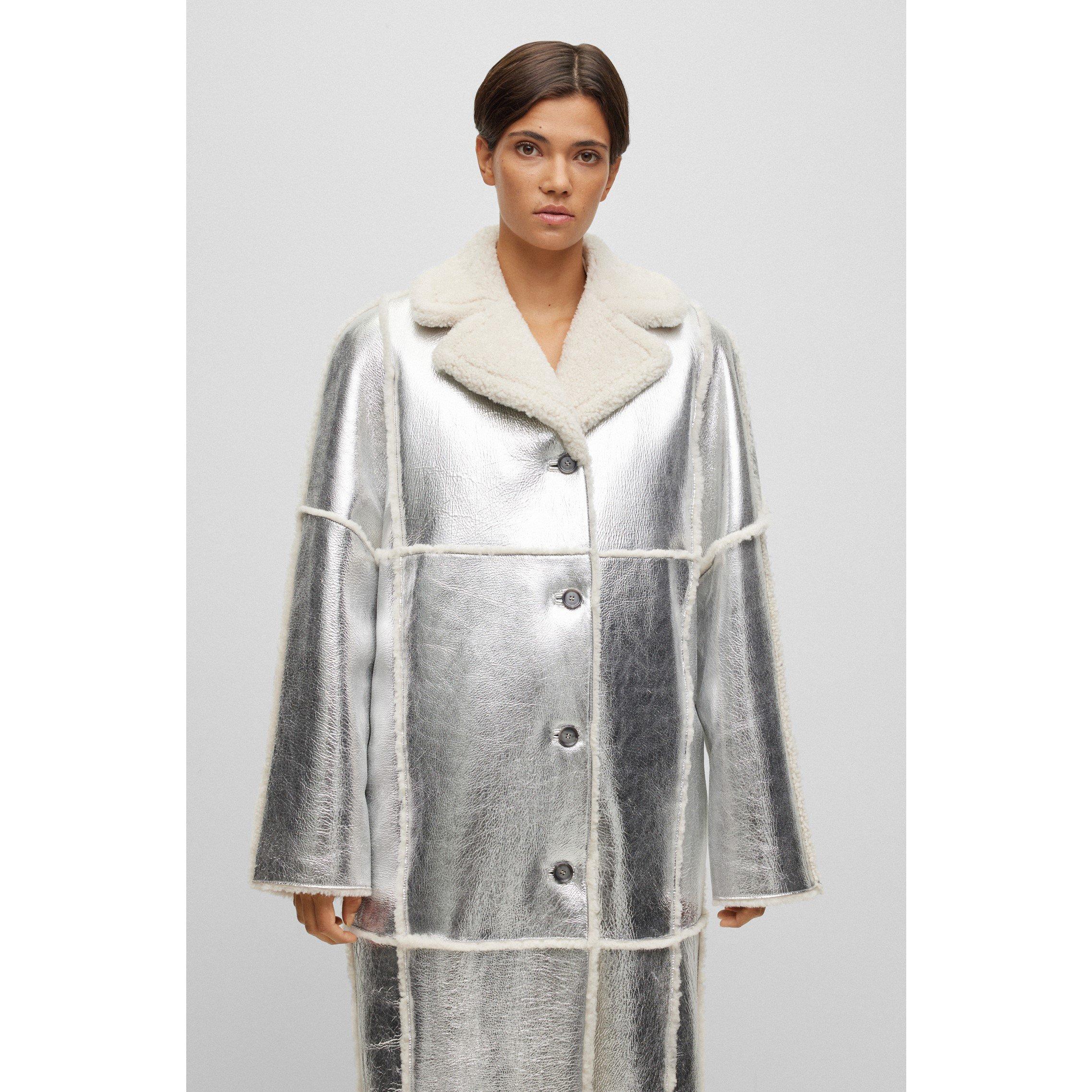 Silver - Boss - Women's Longline Metallic-Effect Coated Lambskin Coat - 5