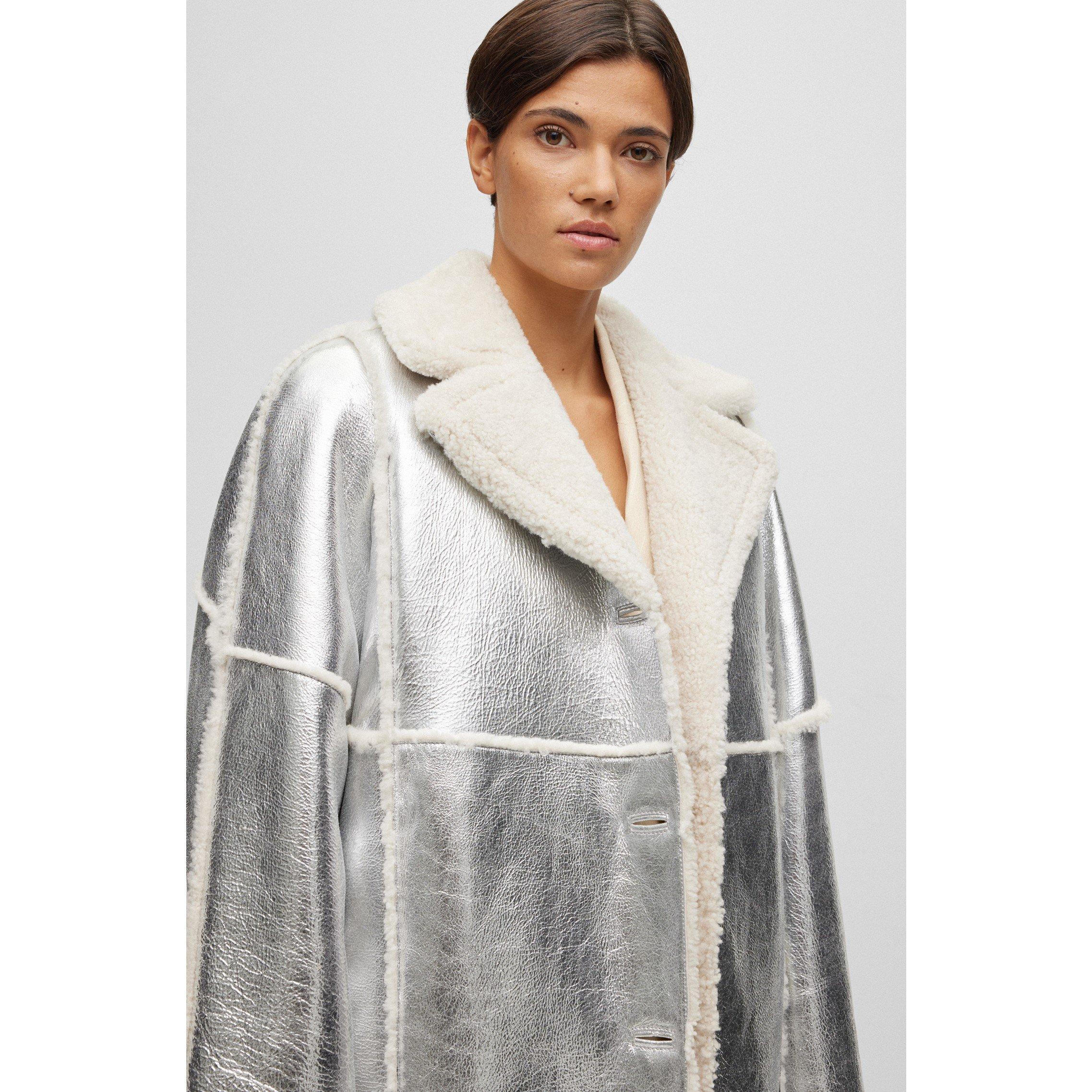 Silver - Boss - Women's Longline Metallic-Effect Coated Lambskin Coat - 6
