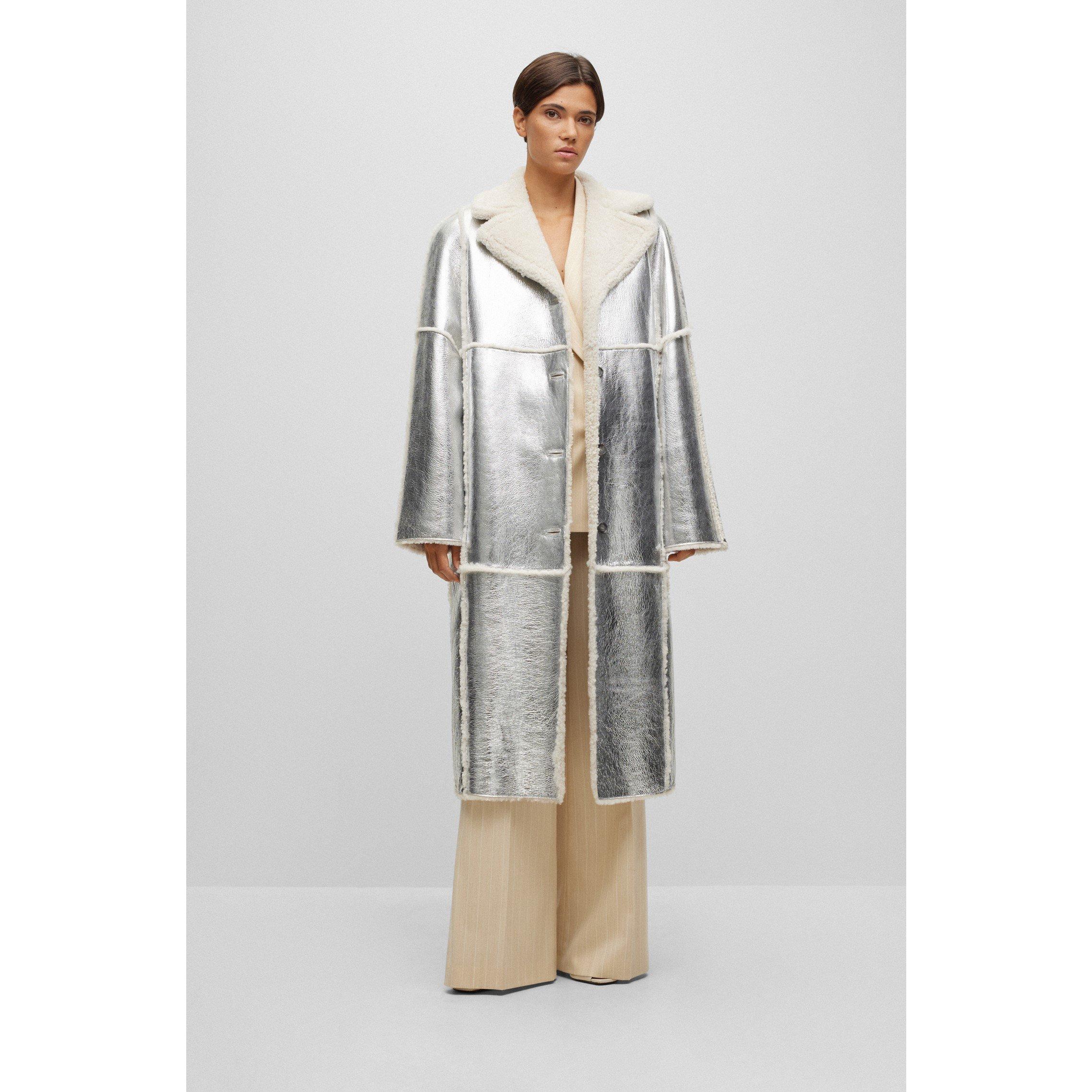 Silver - Boss - Women's Longline Metallic-Effect Coated Lambskin Coat - 7