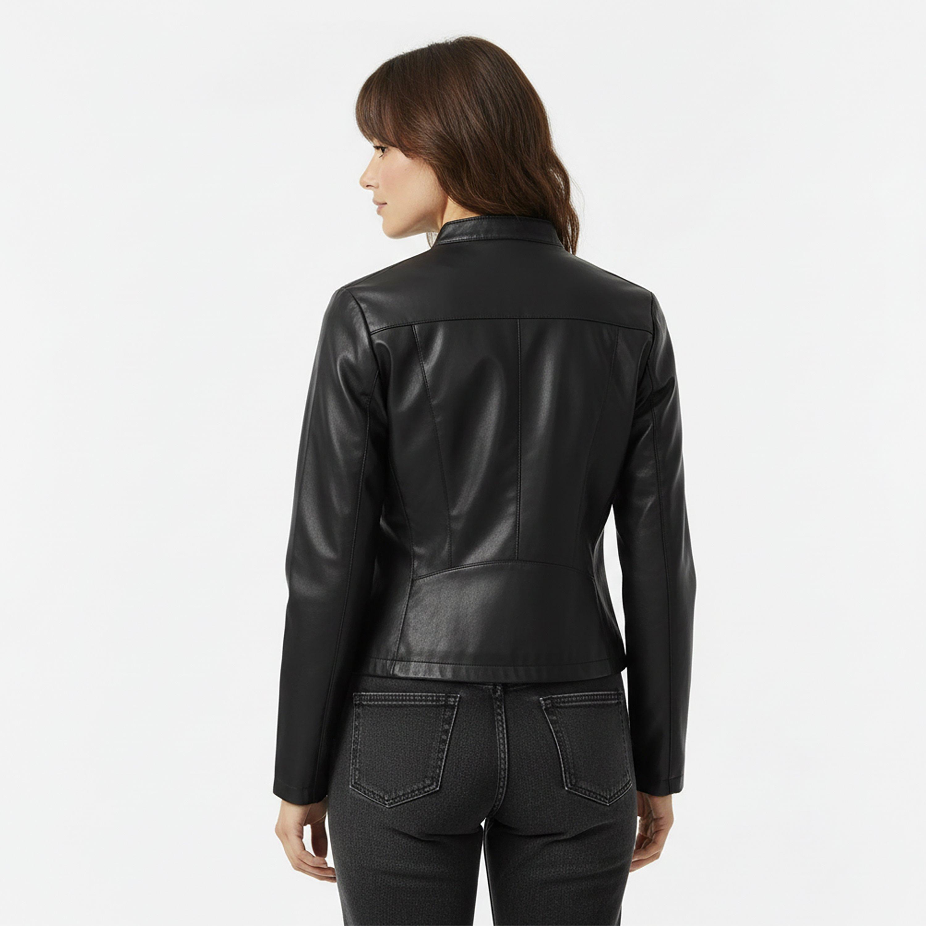 Black - DKNY - Women's Faux Leather Jacket - 4