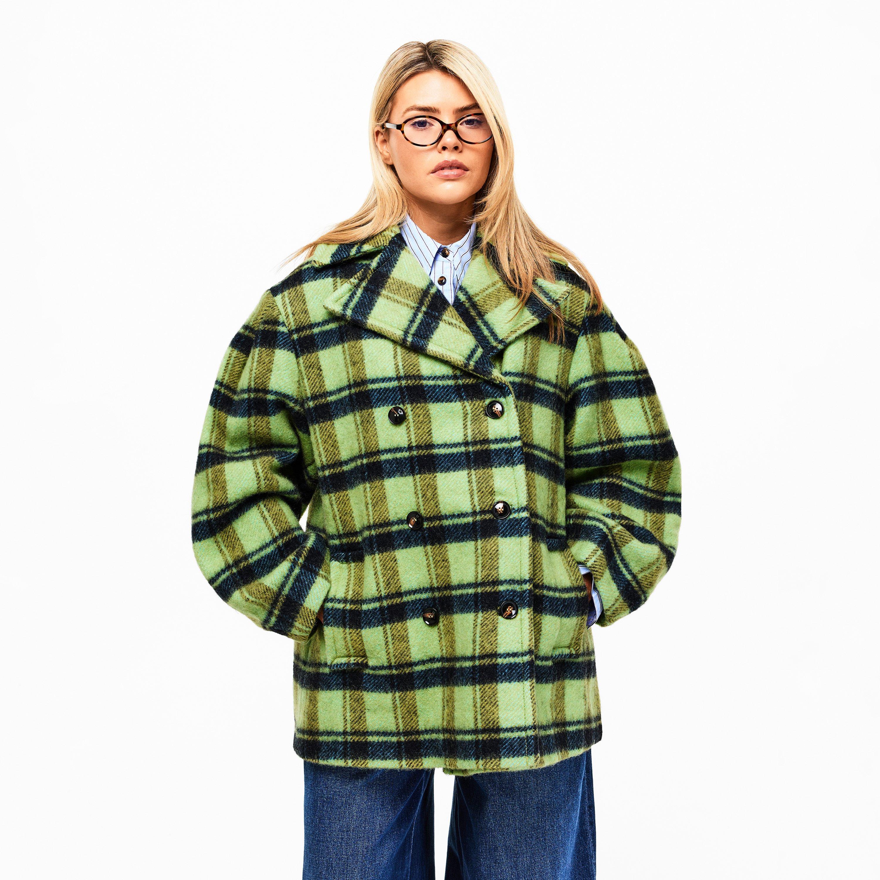 Lime Sherbet - Ganni - Women's Brushed Wool Check Teddy Coat - 3