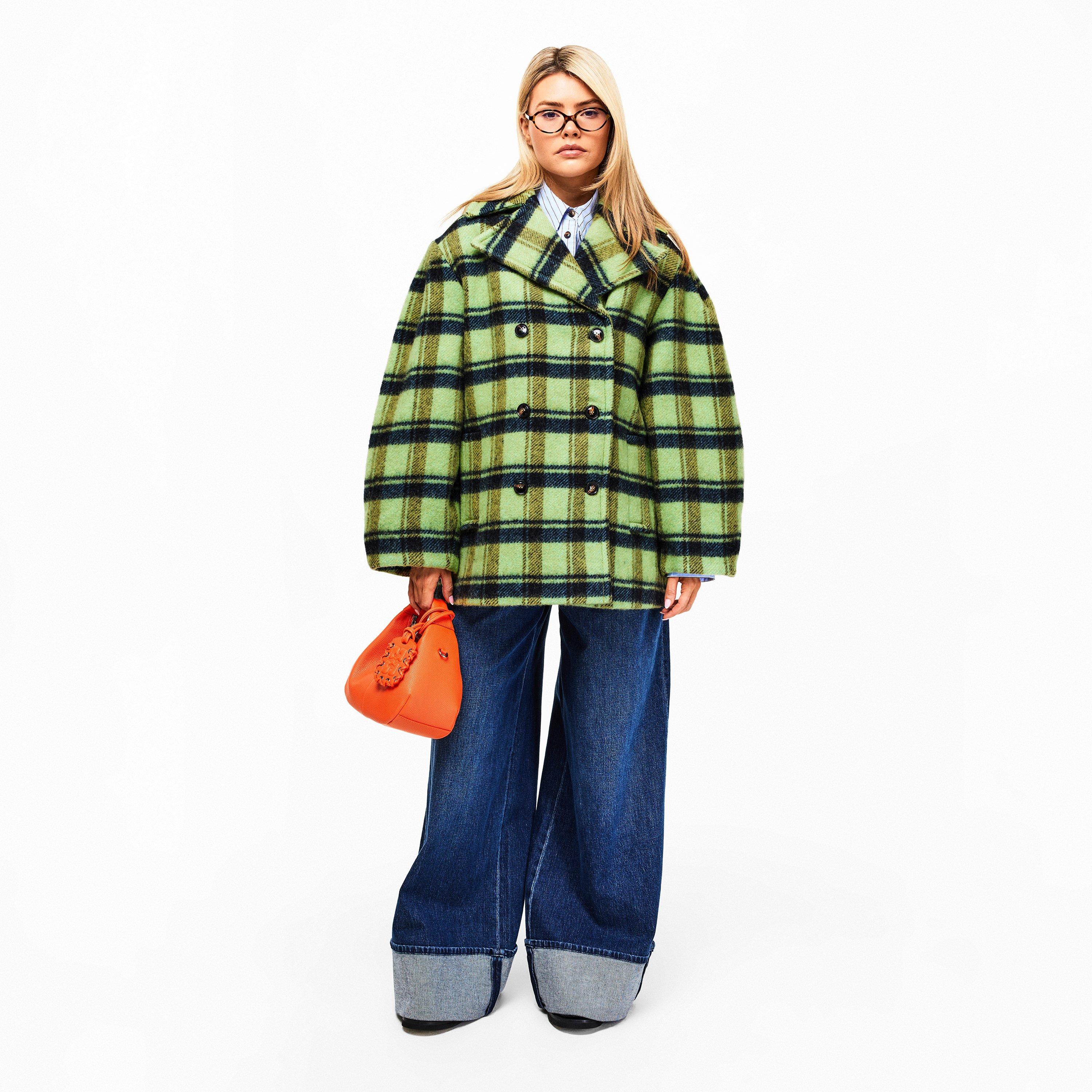 Lime Sherbet - Ganni - Women's Brushed Wool Check Teddy Coat - 6