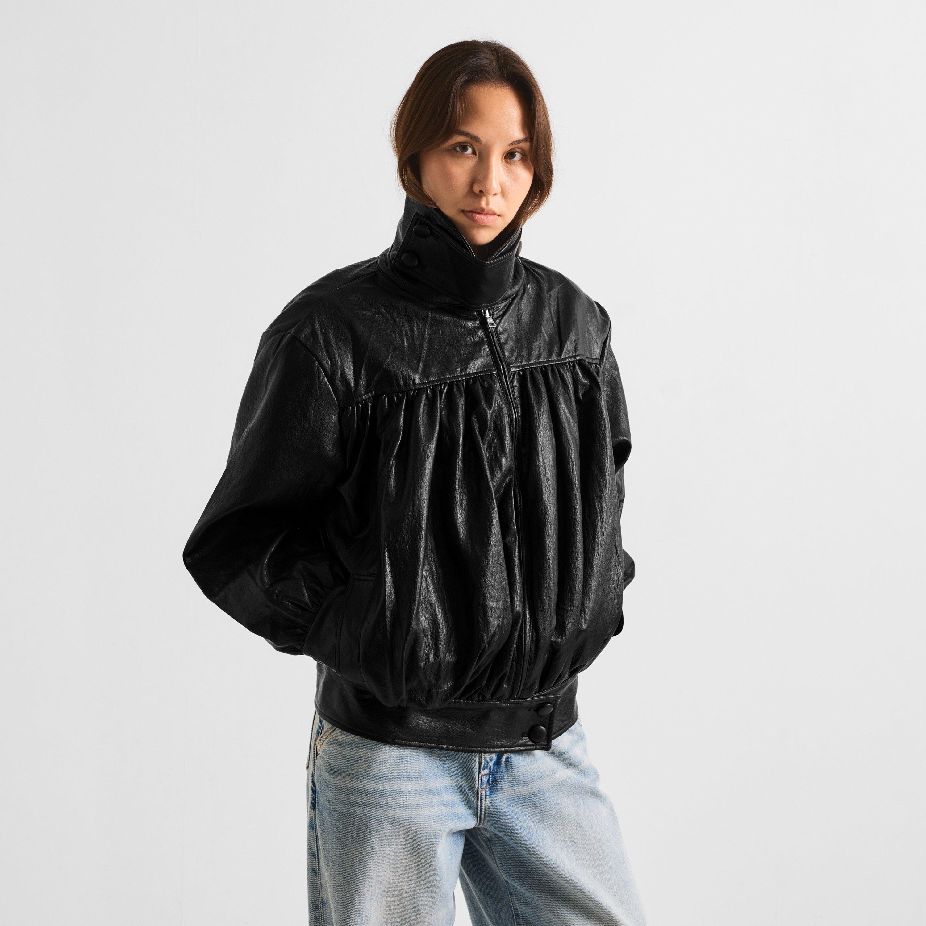 Black - The Couture Club - Women's Couture Funnel Neck Oversized Fit Faux Leather Jacket - 3