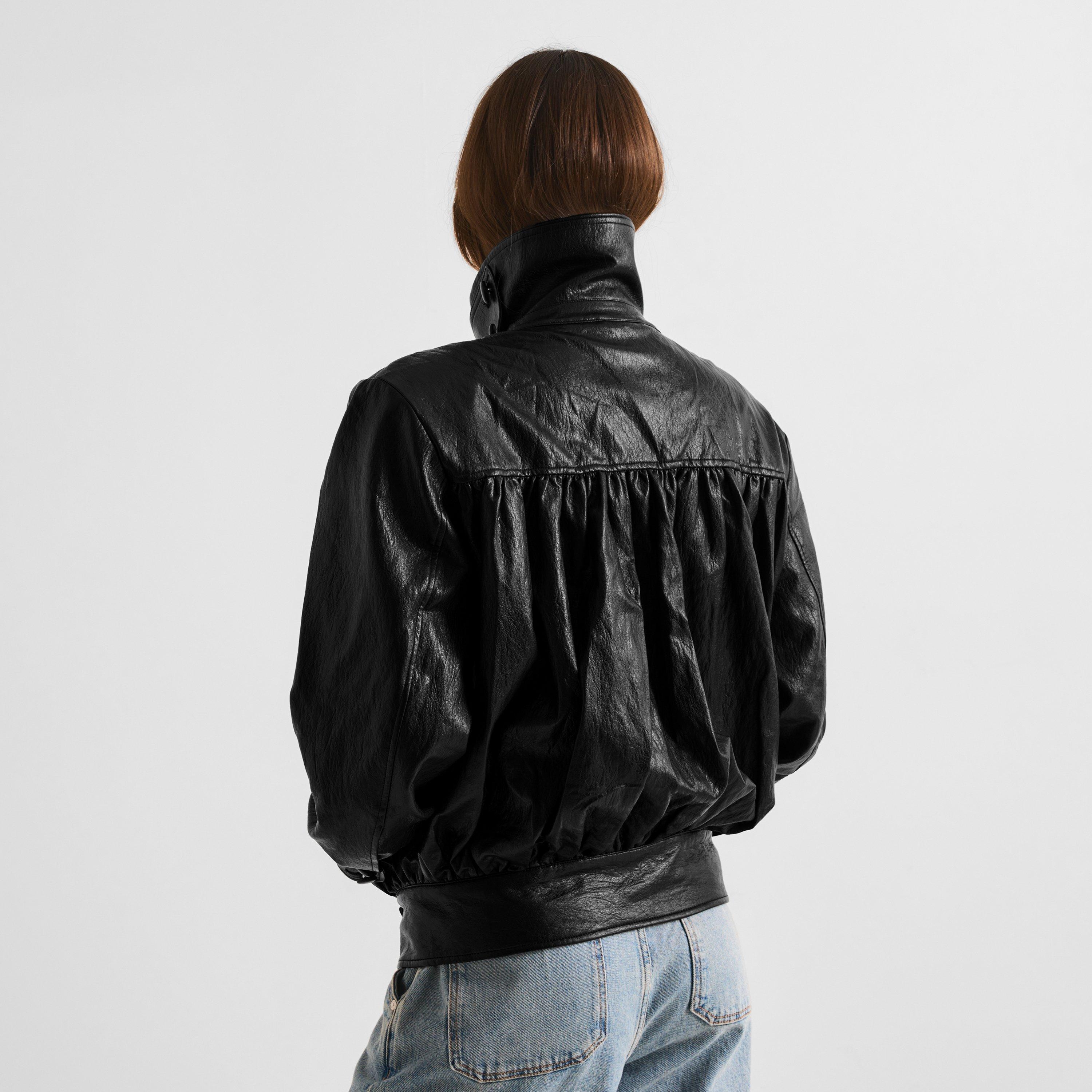 Black - The Couture Club - Women's Couture Funnel Neck Oversized Fit Faux Leather Jacket - 4