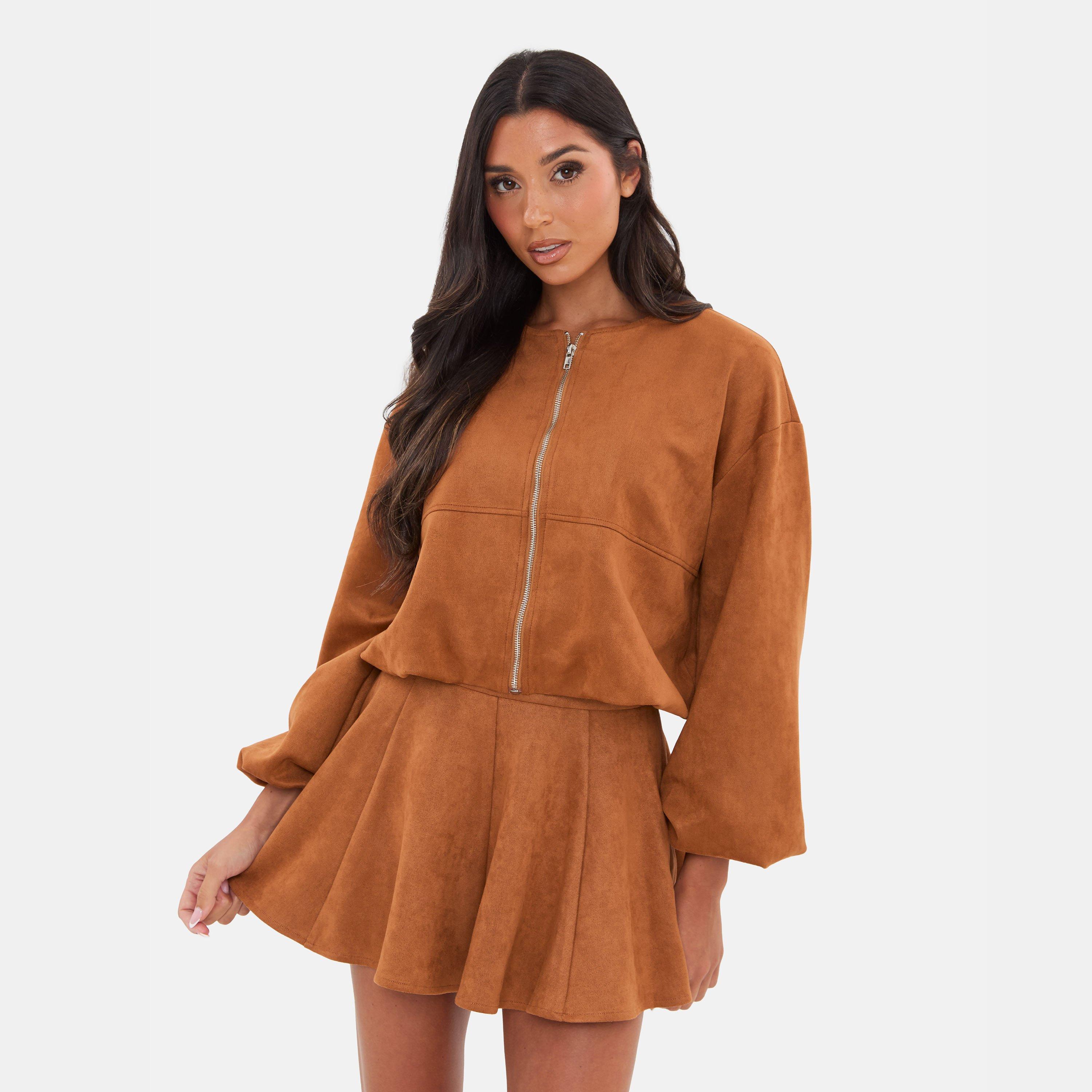 Marrón - I Saw It First - Women's Faux Suede Bubble Hem Long Sleeve Faux Leather Jacket - 1
