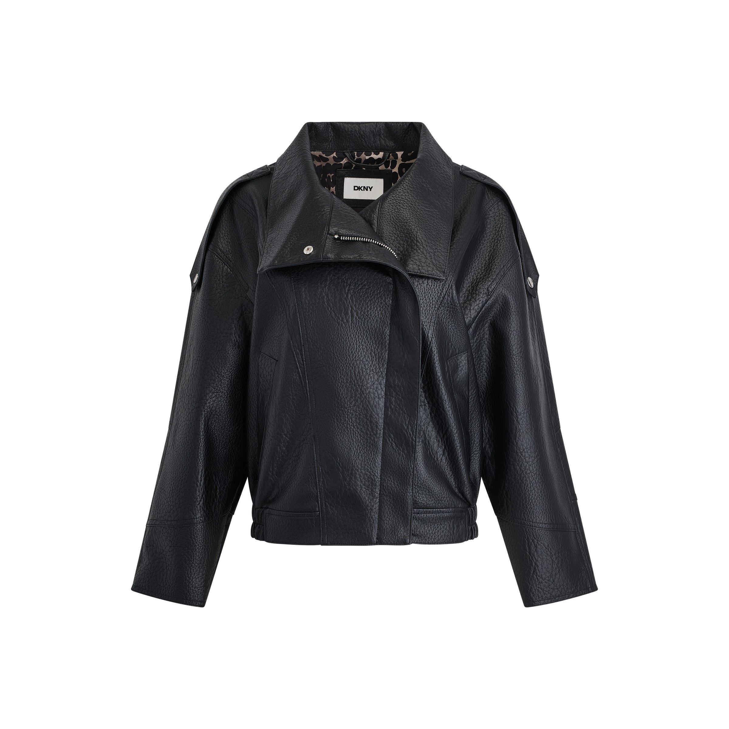 Black - DKNY - Women's Z18 DKNY Outerwear Funnel-Neck Faux Leather Jacket - 1