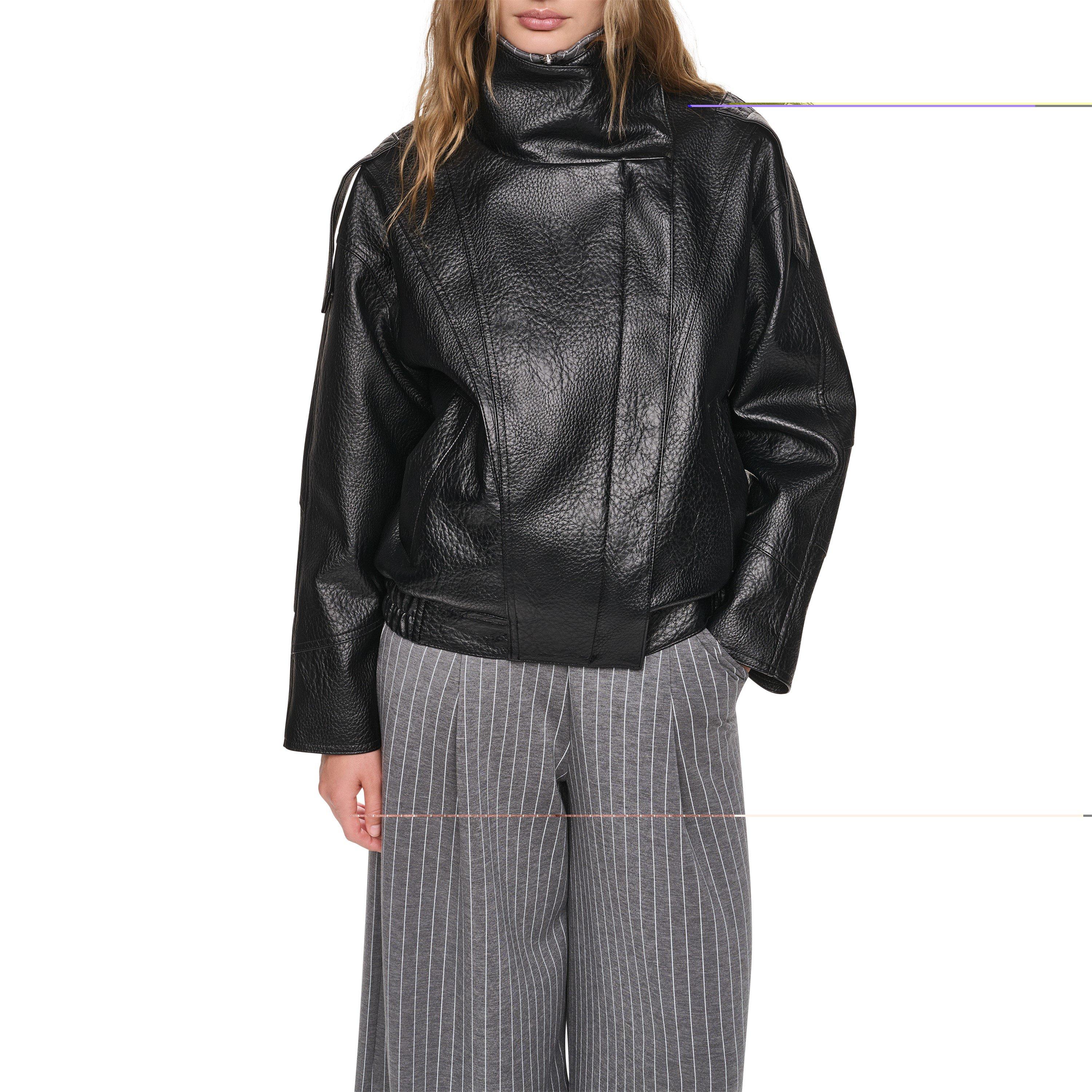 Black - DKNY - Women's Z18 DKNY Outerwear Funnel-Neck Faux Leather Jacket - 2