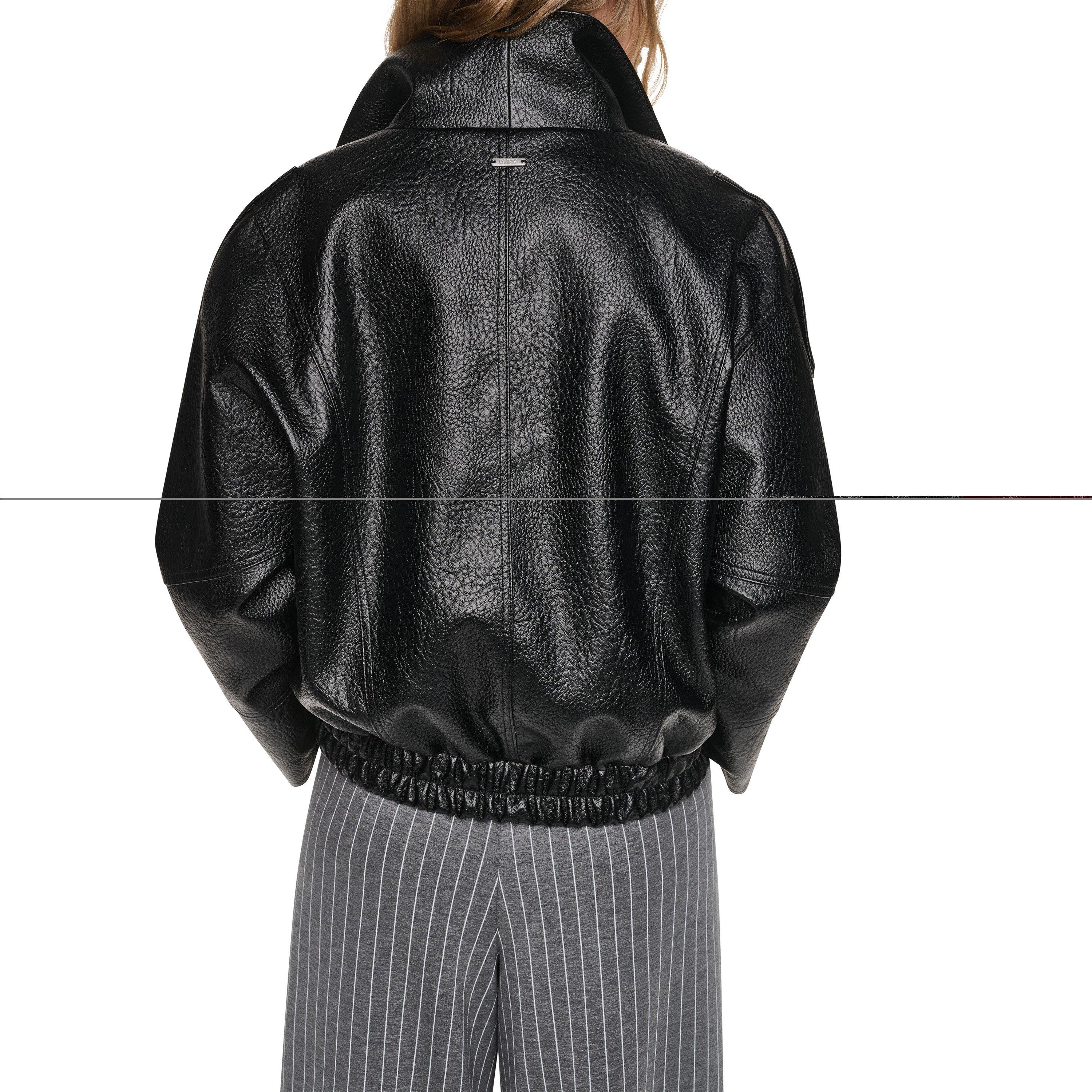 Black - DKNY - Women's Z18 DKNY Outerwear Funnel-Neck Faux Leather Jacket - 3